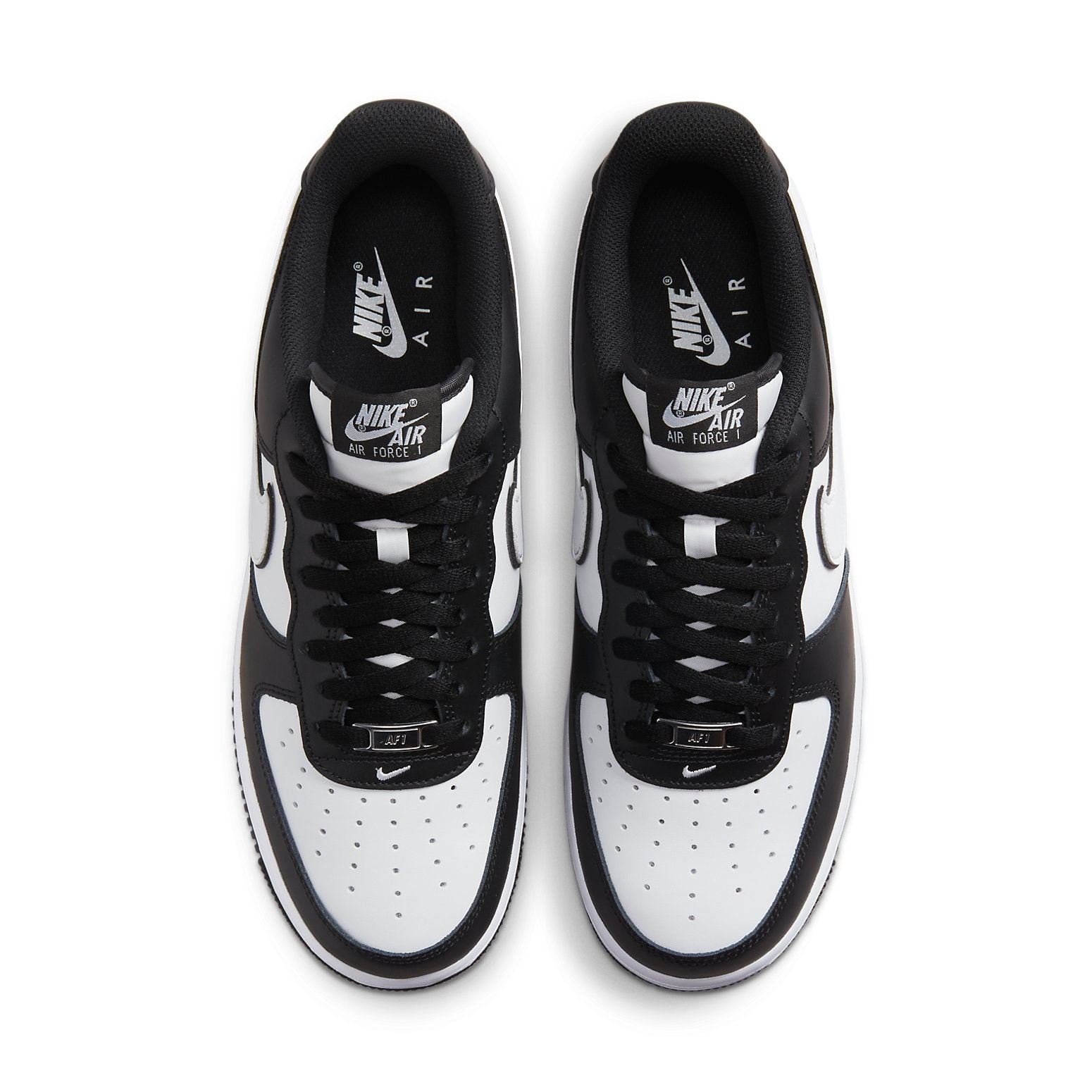Close-up view of the Nike Air Force 1 '07 'Panda', showcasing the iconic white Swoosh logo against a black background.