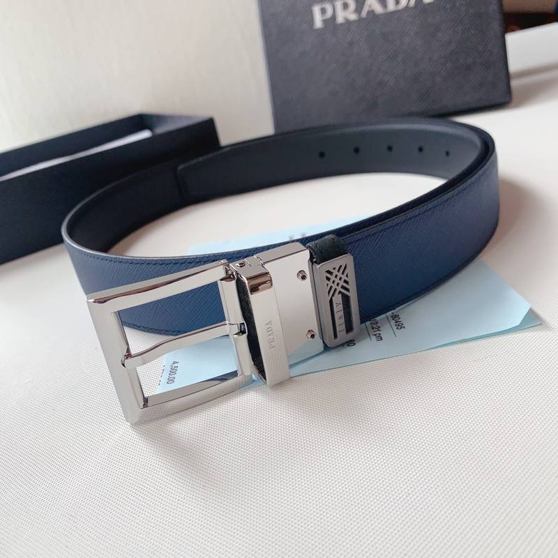 Prada Leather Reversible Belt With Triple Buckles 'Black/Blue' - Banlieue91