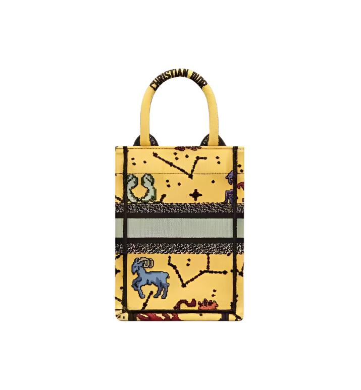 Christian Dior Canvas Embroidered Pixel Zodiac Mini Book Tote Phone Bag in Latte Multicolor