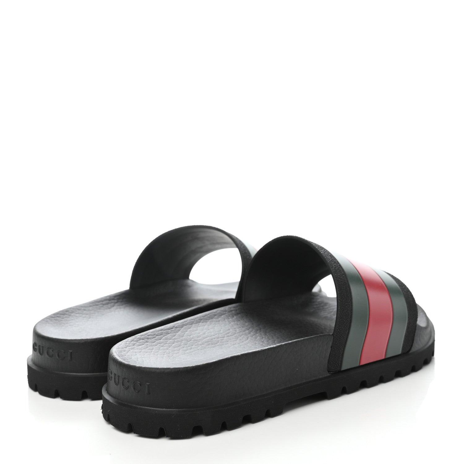 Gucci Rubber Web Mens Lug Sole Slide Sandals Black Green Red - Banlieue91