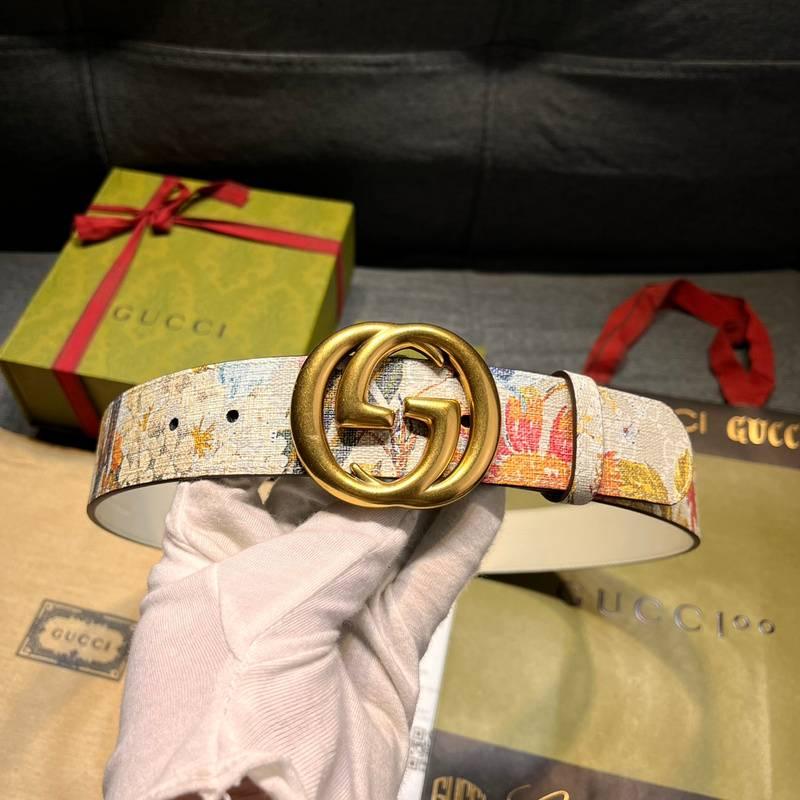 Gucci Guccissima Leather Floral Print Double Gold G Buckle Woman Belt 'Multicolor' - Banlieue91