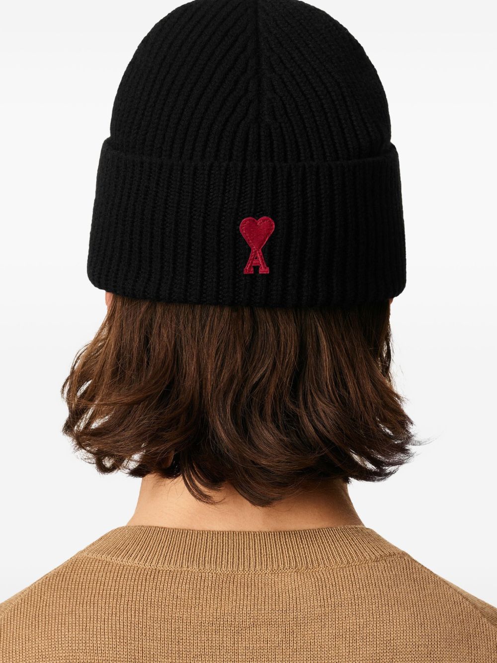 AMI PARIS Wool Ribbed Knit Beanie with Signature Monogram Motif - Banlieue91 -