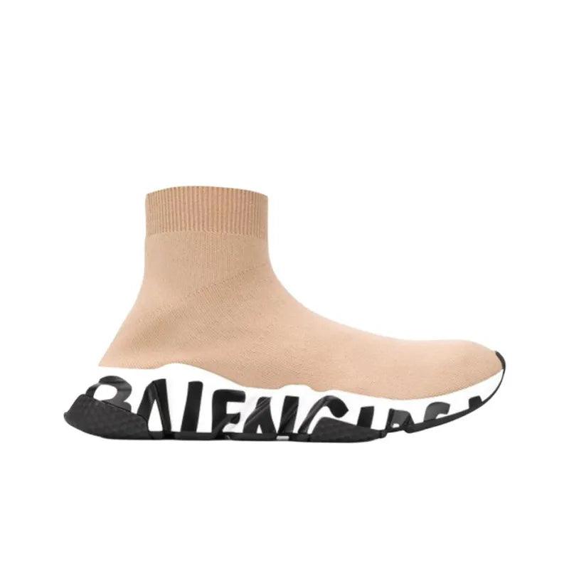 Balenciaga Speed Graffiti Sneakers 'Beige Knit With White And Black Graffiti Sole Unit' - Banlieue91