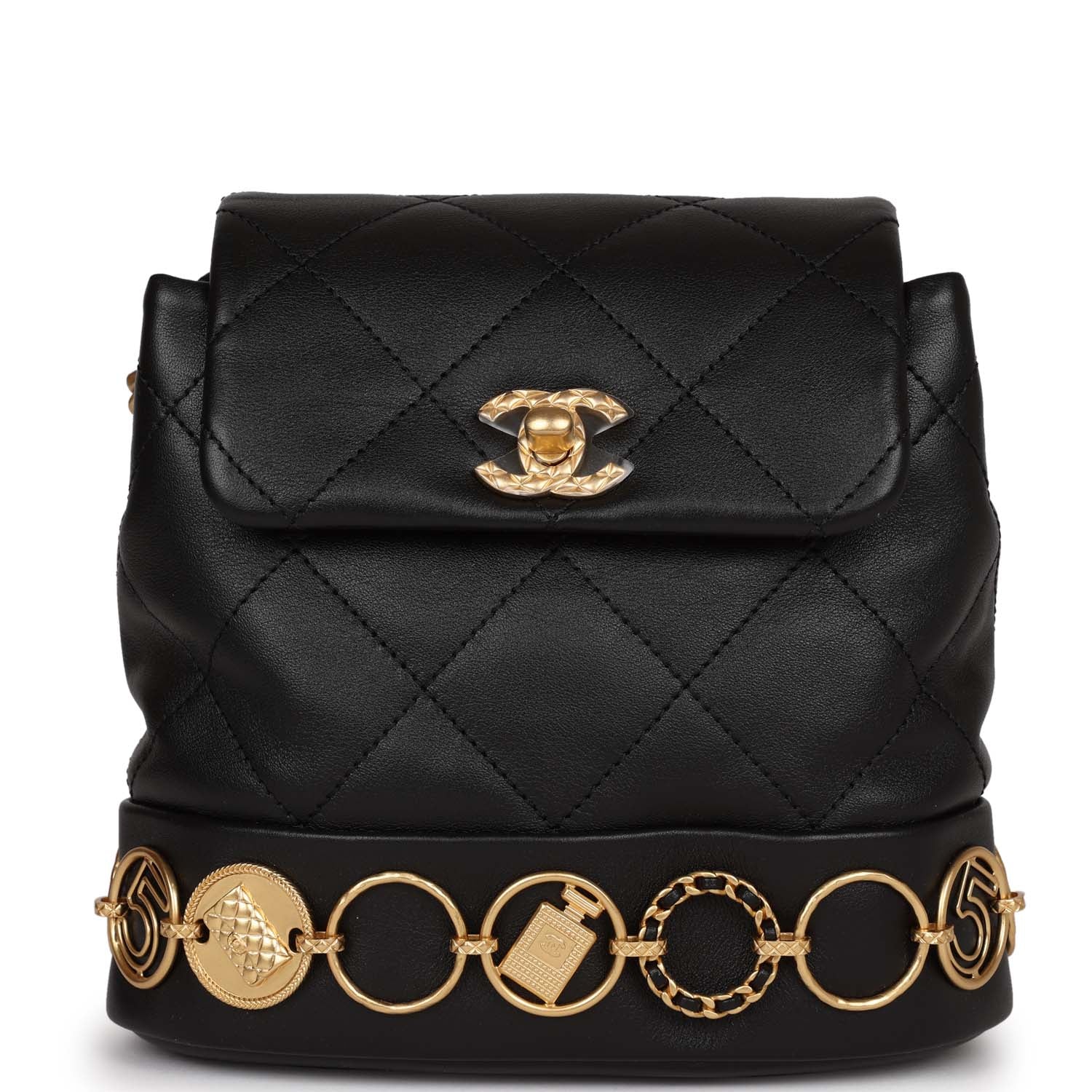 Chanel Small Charm Backpack Black Calfskin Aged Gold Hardware - Banlieue91