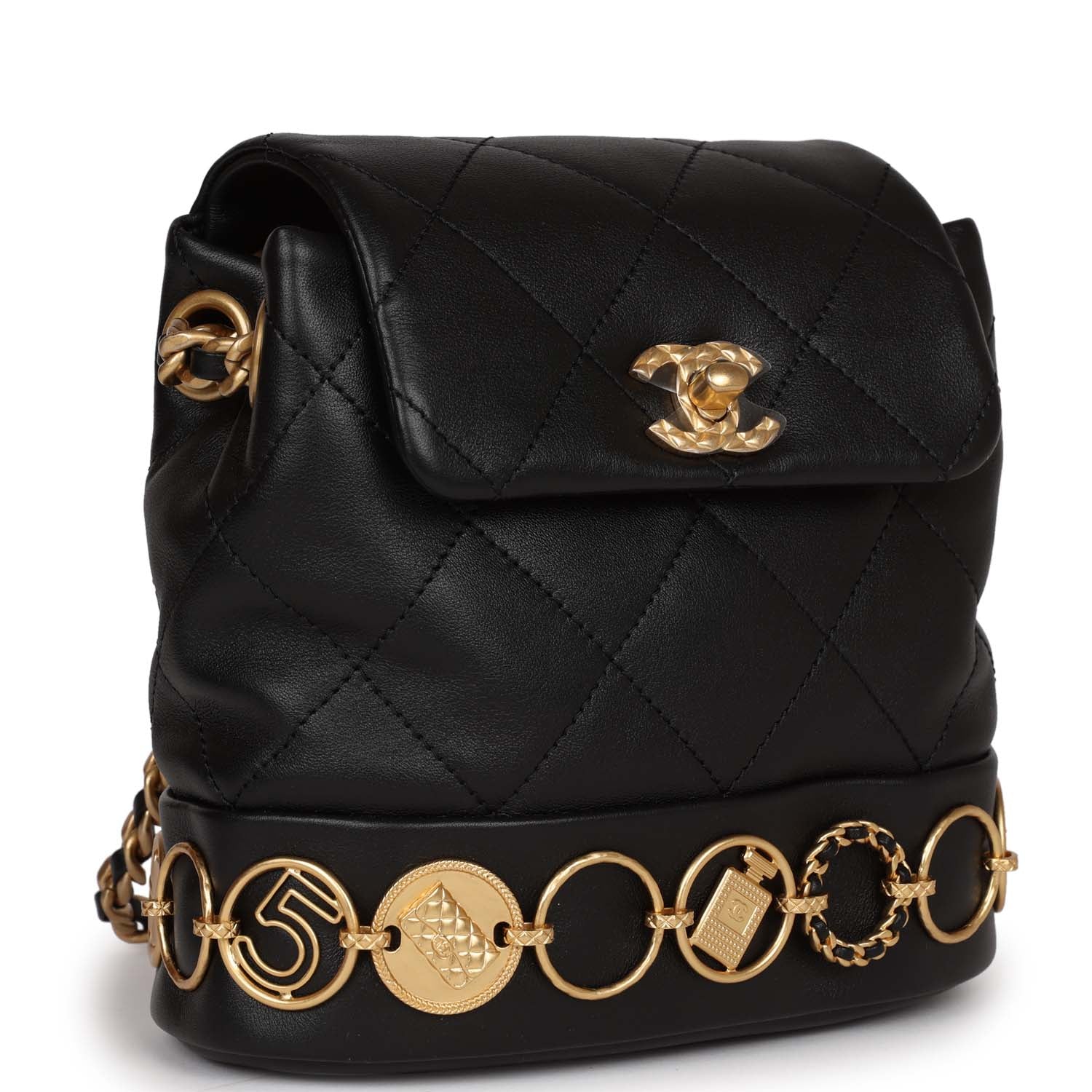 Chanel Small Charm Backpack Black Calfskin Aged Gold Hardware - Banlieue91