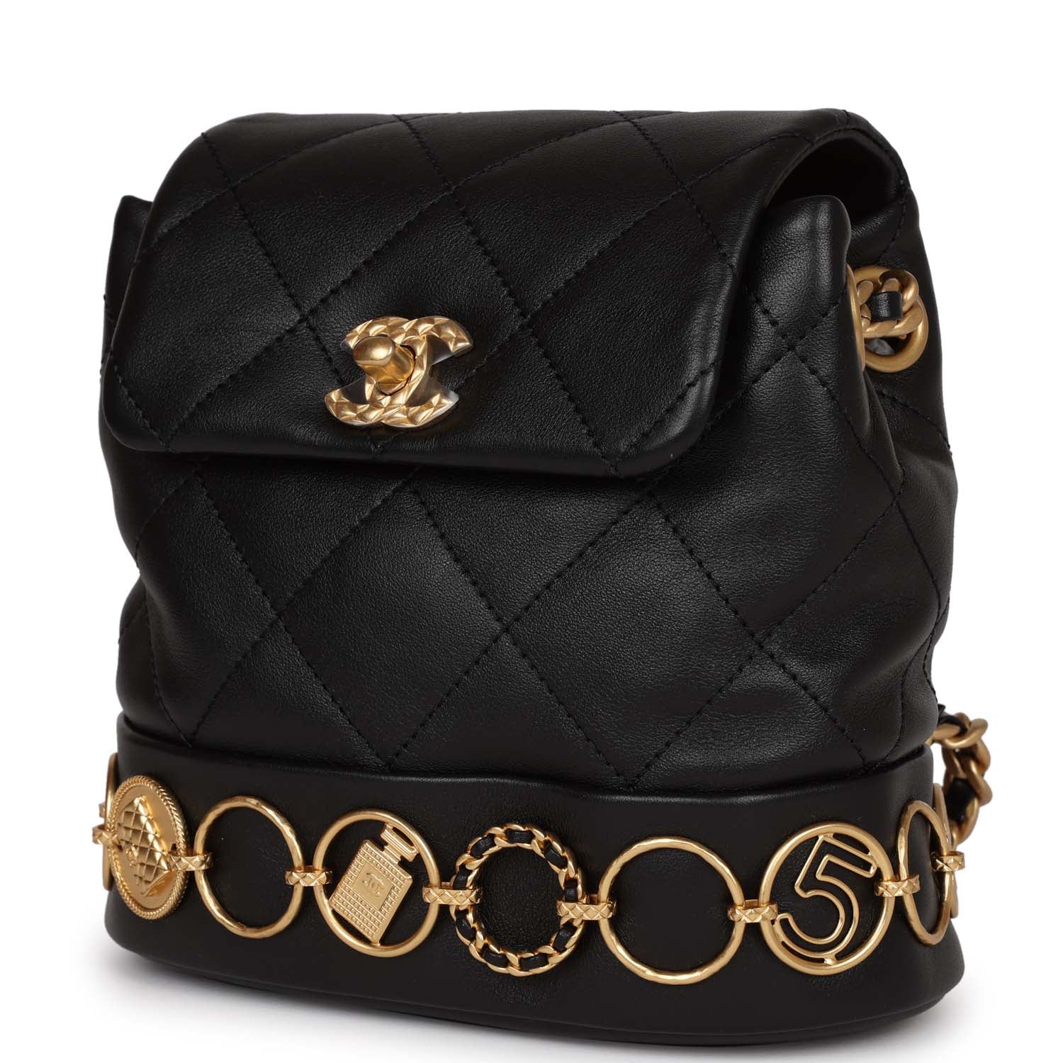 Chanel Small Charm Backpack Black Calfskin Aged Gold Hardware - Banlieue91