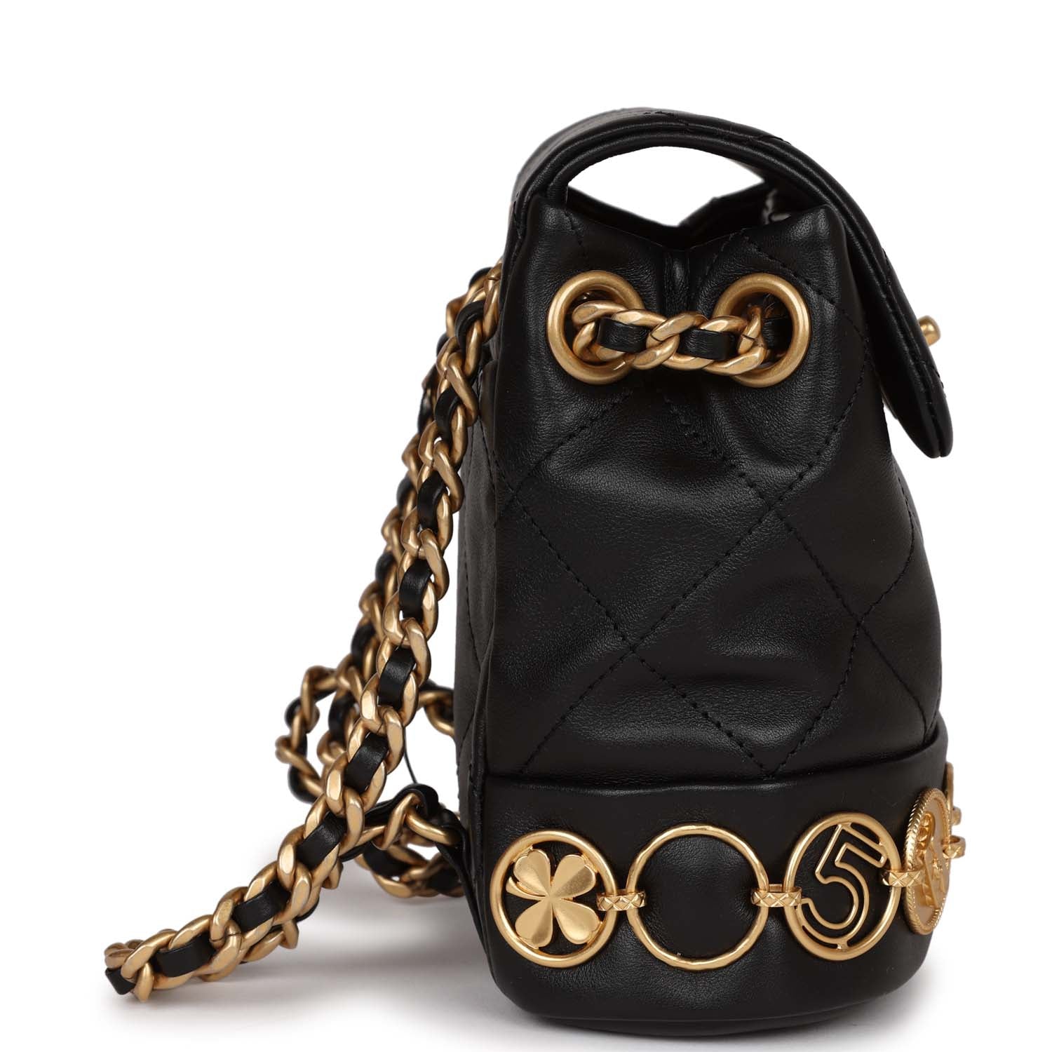 Chanel Small Charm Backpack Black Calfskin Aged Gold Hardware - Banlieue91