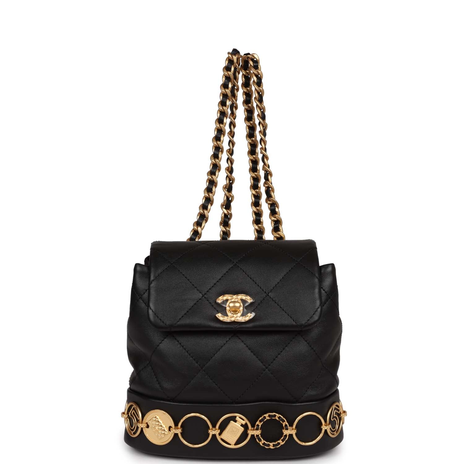 Chanel Small Charm Backpack Black Calfskin Aged Gold Hardware - Banlieue91