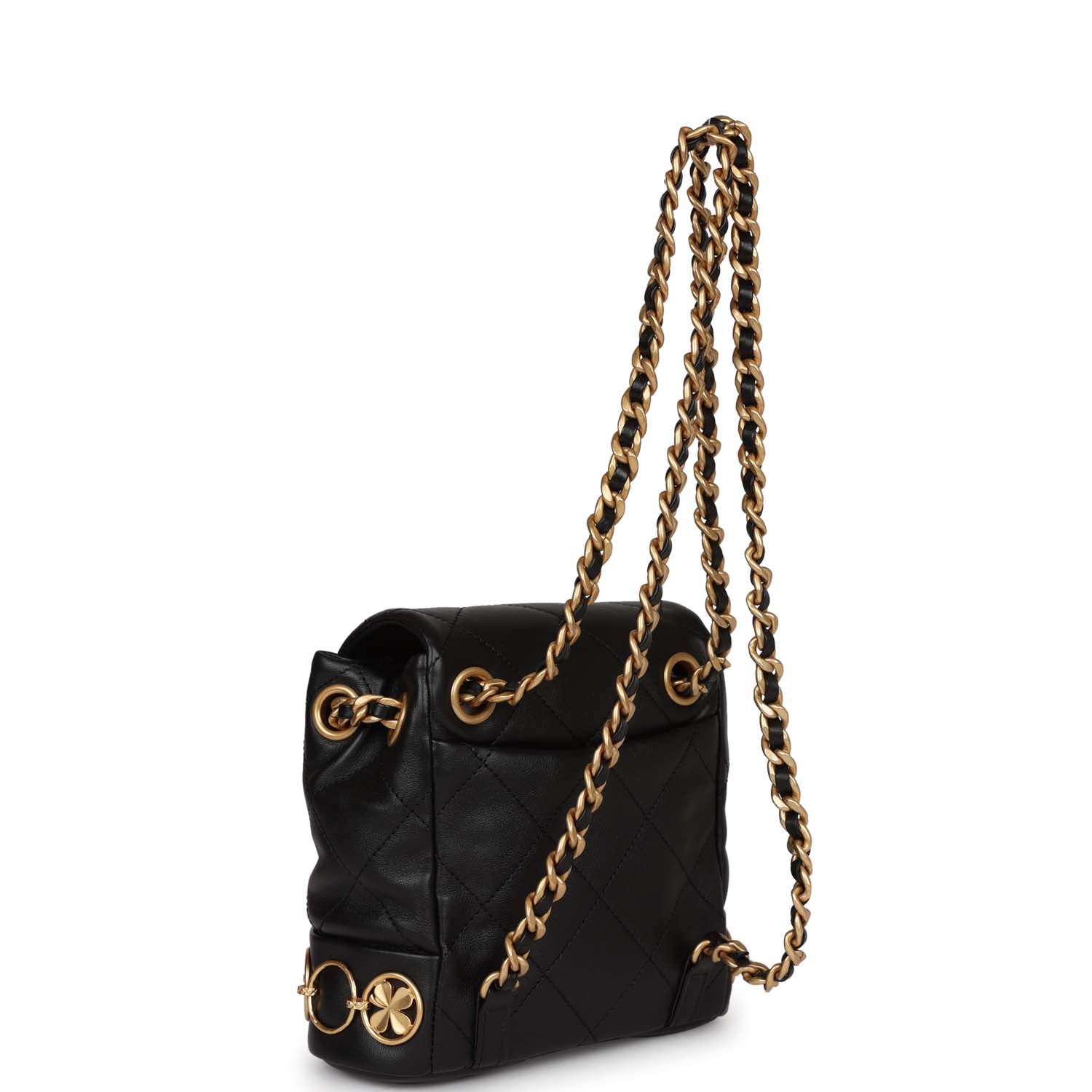 Chanel Small Charm Backpack Black Calfskin Aged Gold Hardware - Banlieue91