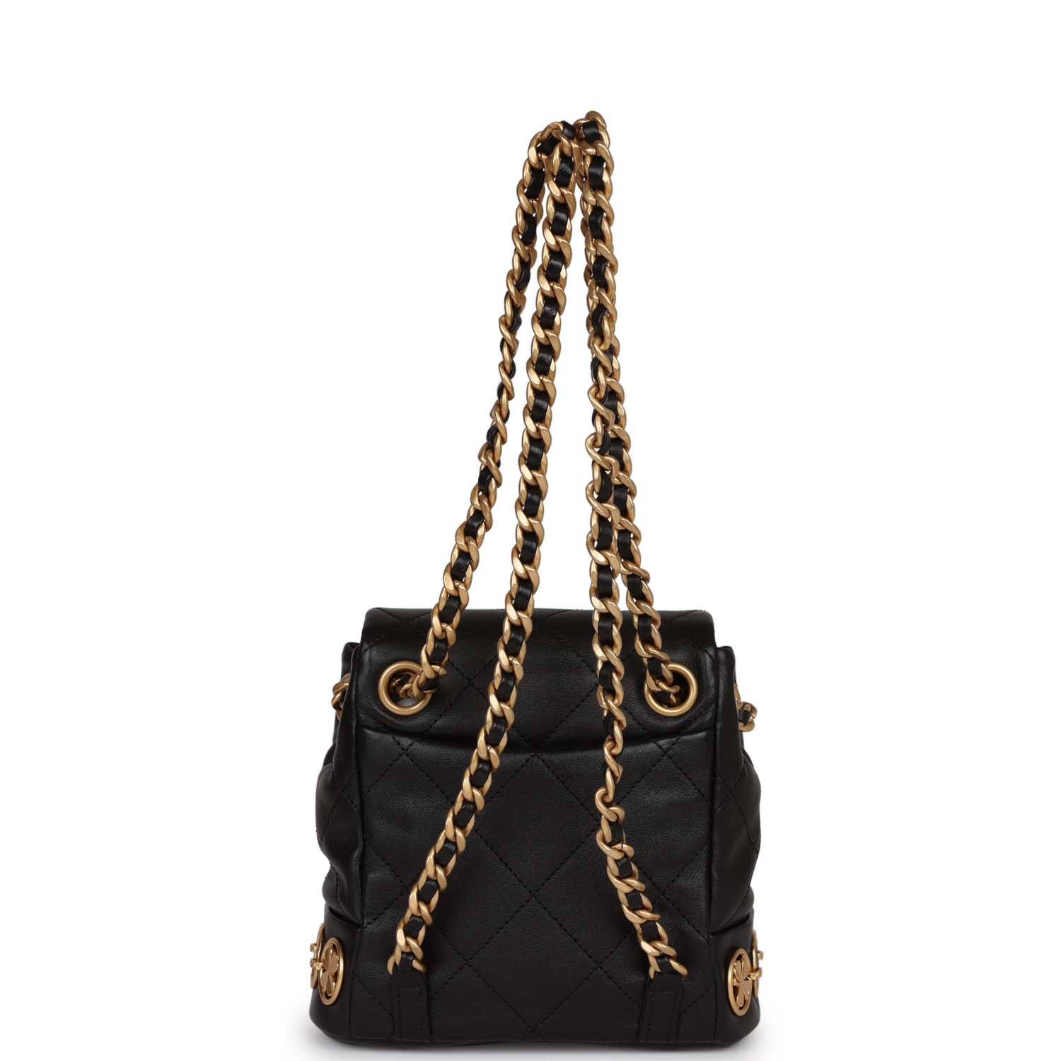 Chanel Small Charm Backpack Black Calfskin Aged Gold Hardware - Banlieue91