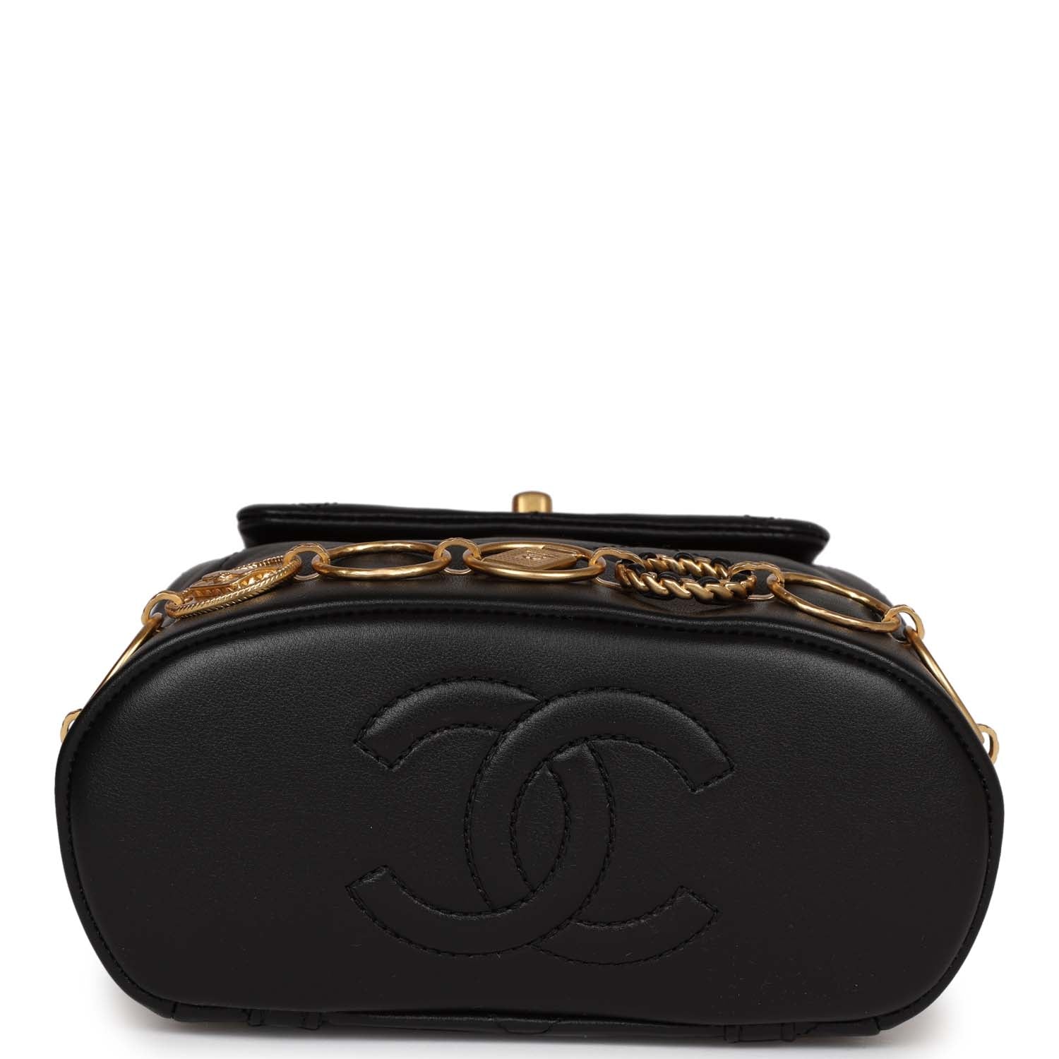 Chanel Small Charm Backpack Black Calfskin Aged Gold Hardware - Banlieue91