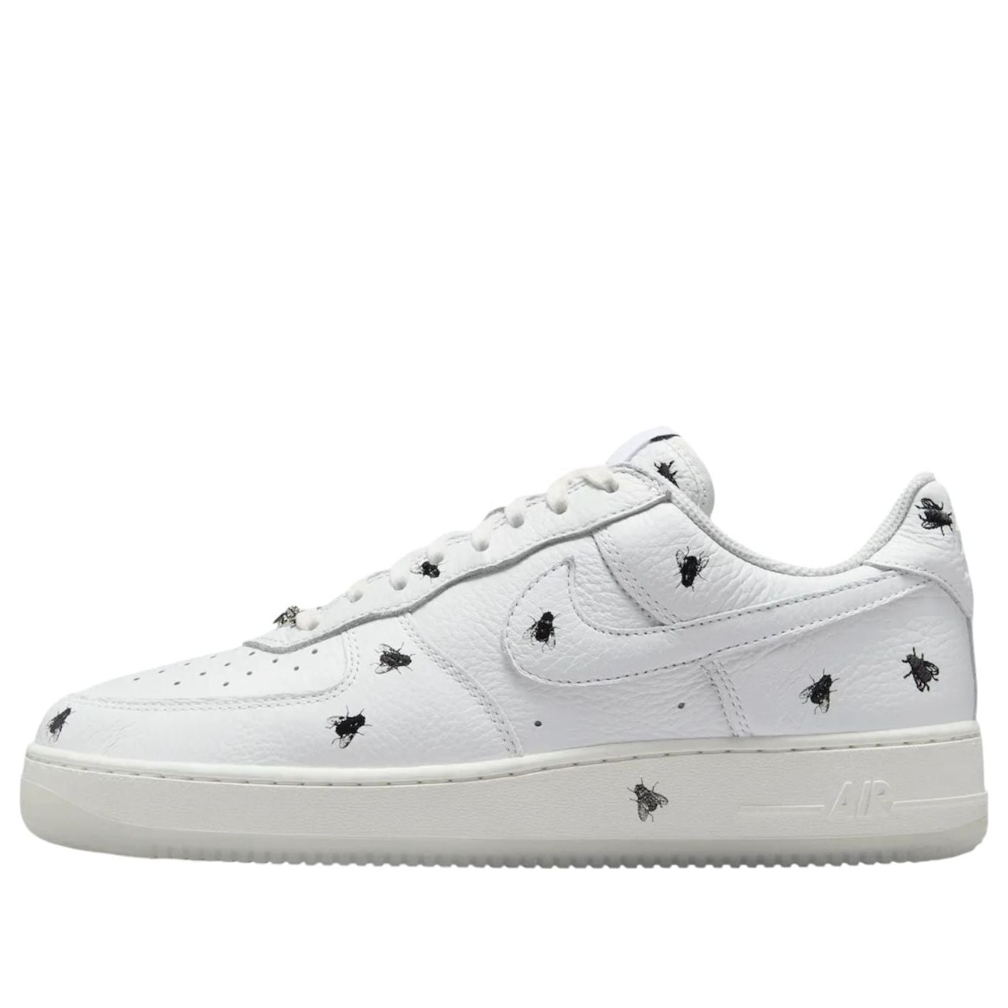 Nike Air Force 1 Low 'Houseflies' featuring a unique design with photorealistic housefly graphics on a classic all-white silhouette.