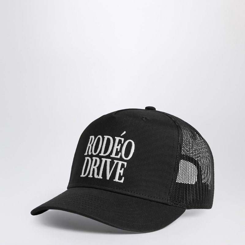 Black mesh trucker cap with white 'RODÉO DRIVE' embroidery, fashion accessory
