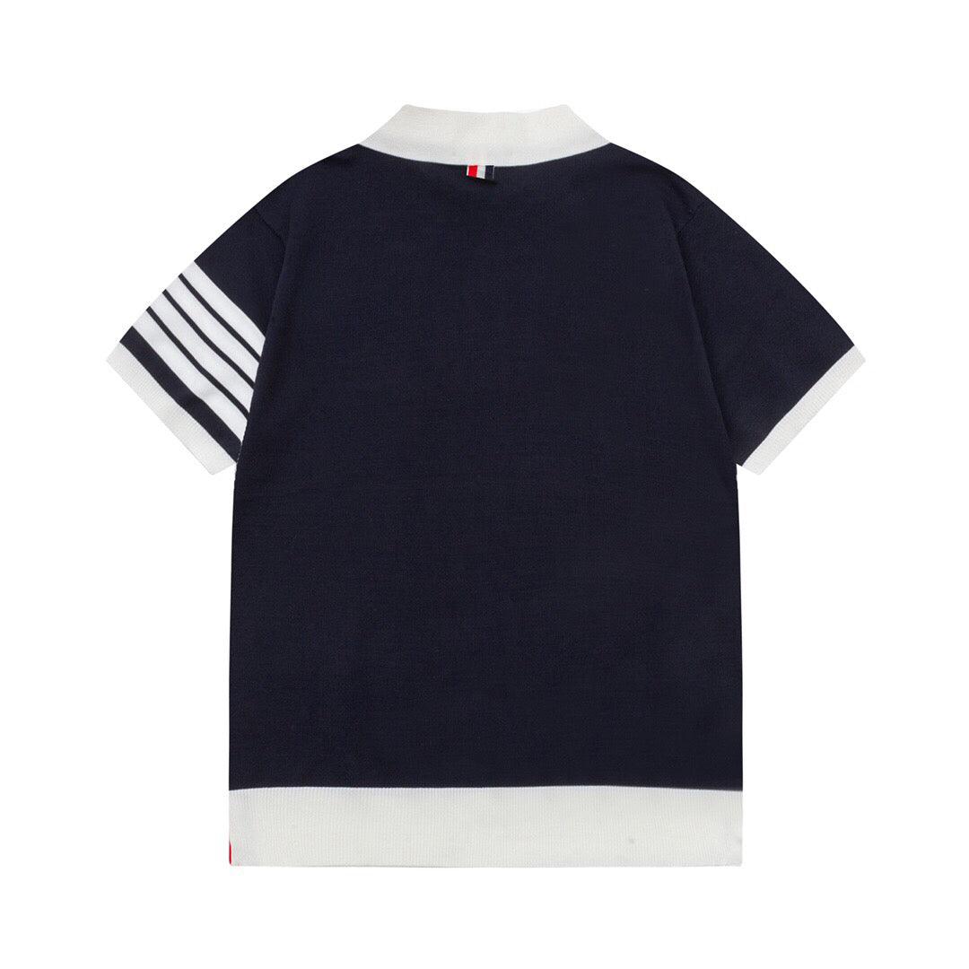 Thom Browne Navy Blue & White T-Shirt with Collar - Banlieue91