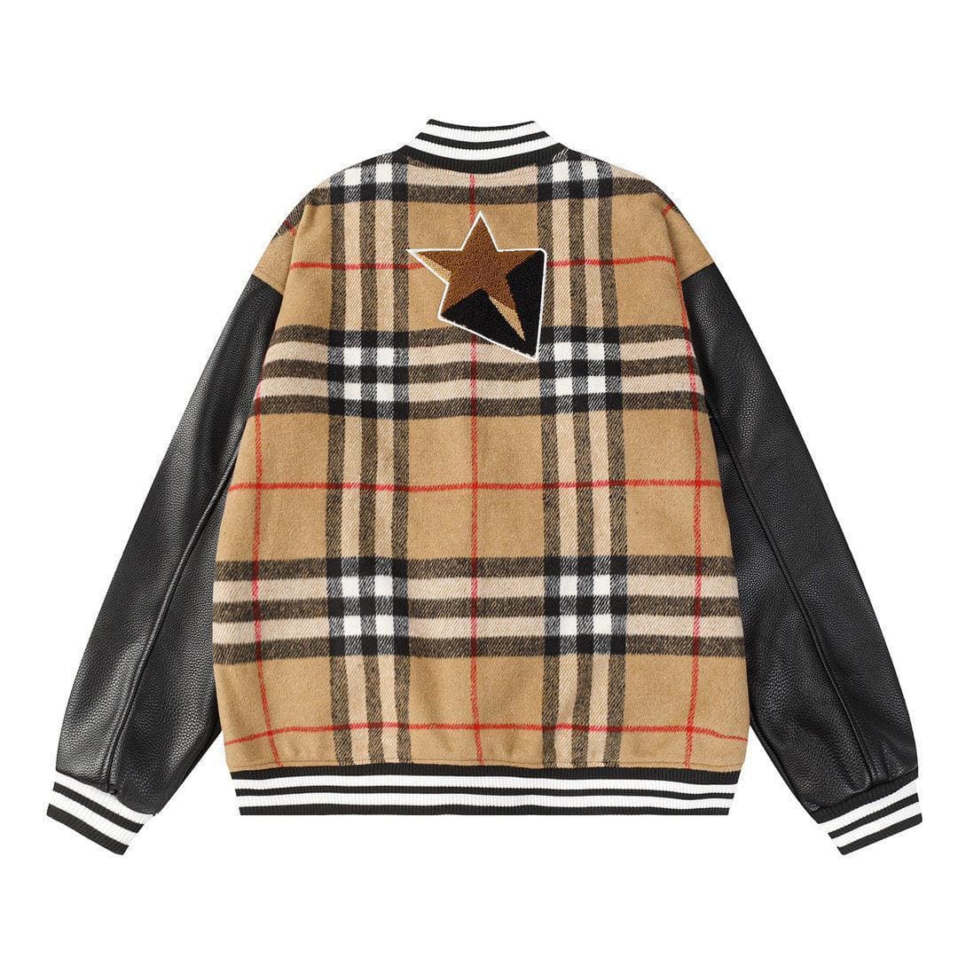 BURBERRY Brown Checked Wool-Blend and Full-Grain Leather Varsity Jacket | Banlieue91