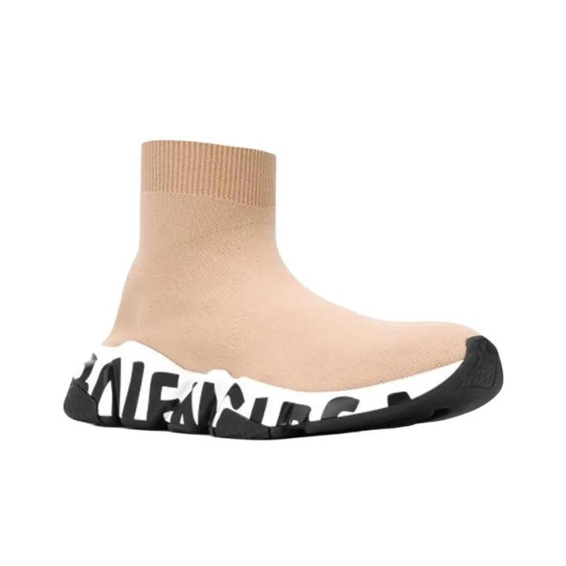 Balenciaga Speed Graffiti Sneakers 'Beige Knit With White And Black Graffiti Sole Unit' - Banlieue91 -