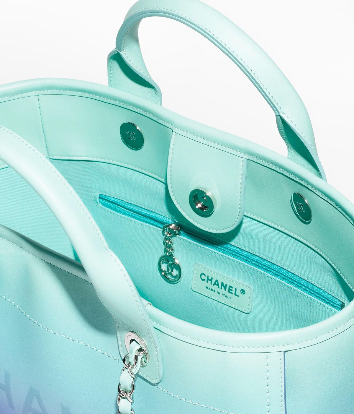 Chanel Small Deauville Shopping Tote Blue and Green Ombre Calfskin Silver Hardware | Banlieue91