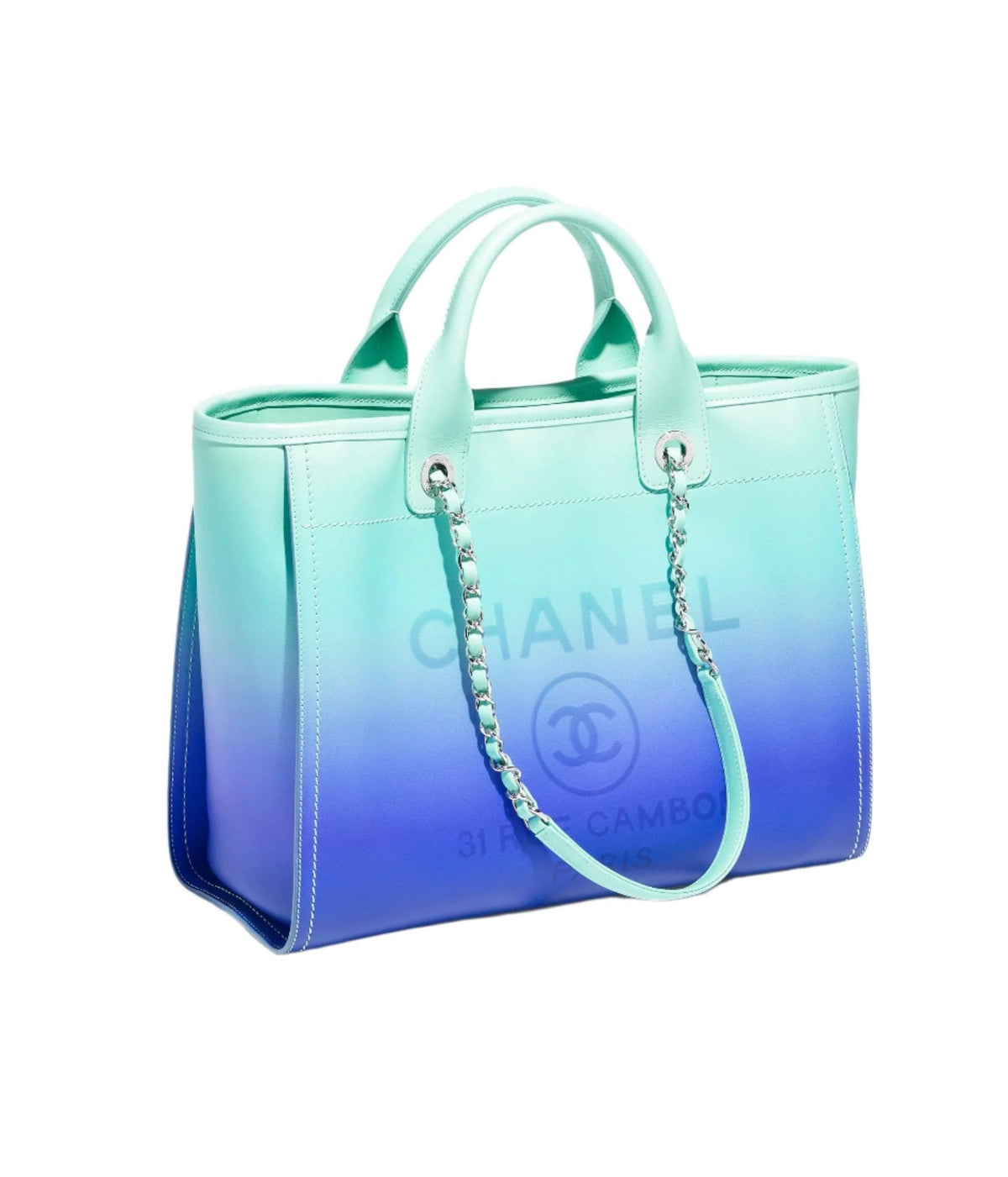 Chanel Small Deauville Shopping Tote Blue and Green Ombre Calfskin Silver Hardware | Banlieue91