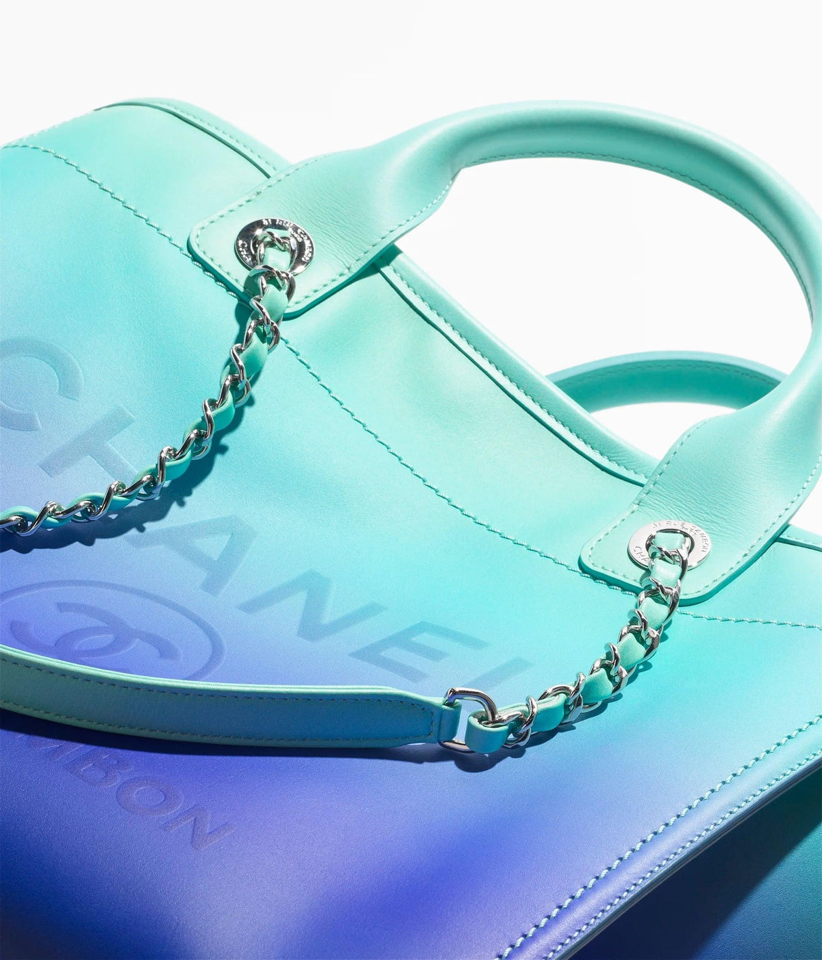 Chanel Small Deauville Shopping Tote Blue and Green Ombre Calfskin Silver Hardware | Banlieue91