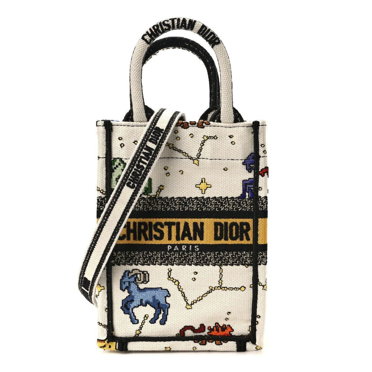 Christian Dior Canvas Embroidered Pixel Zodiac Mini Book Tote Phone Bag in Latte Multicolor | Banlieue91