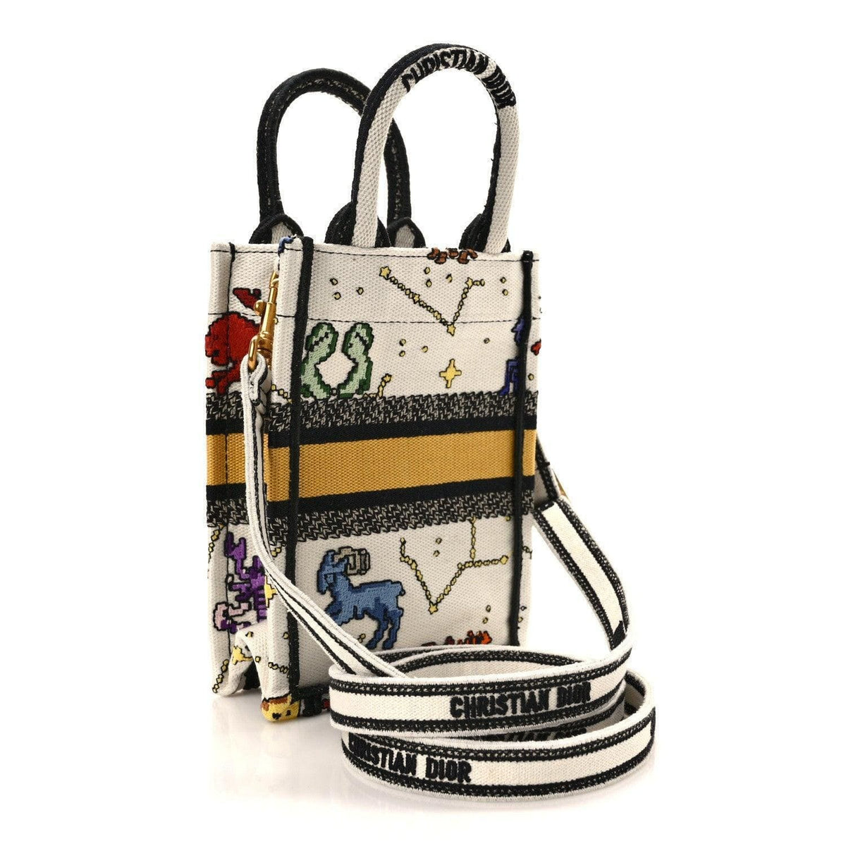 Christian Dior Canvas Embroidered Pixel Zodiac Mini Book Tote Phone Bag in Latte Multicolor | Banlieue91