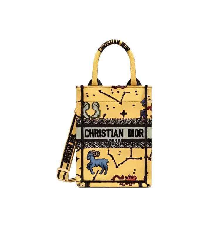 Christian Dior Canvas Embroidered Pixel Zodiac Mini Book Tote Phone Bag in Latte Multicolor | Banlieue91