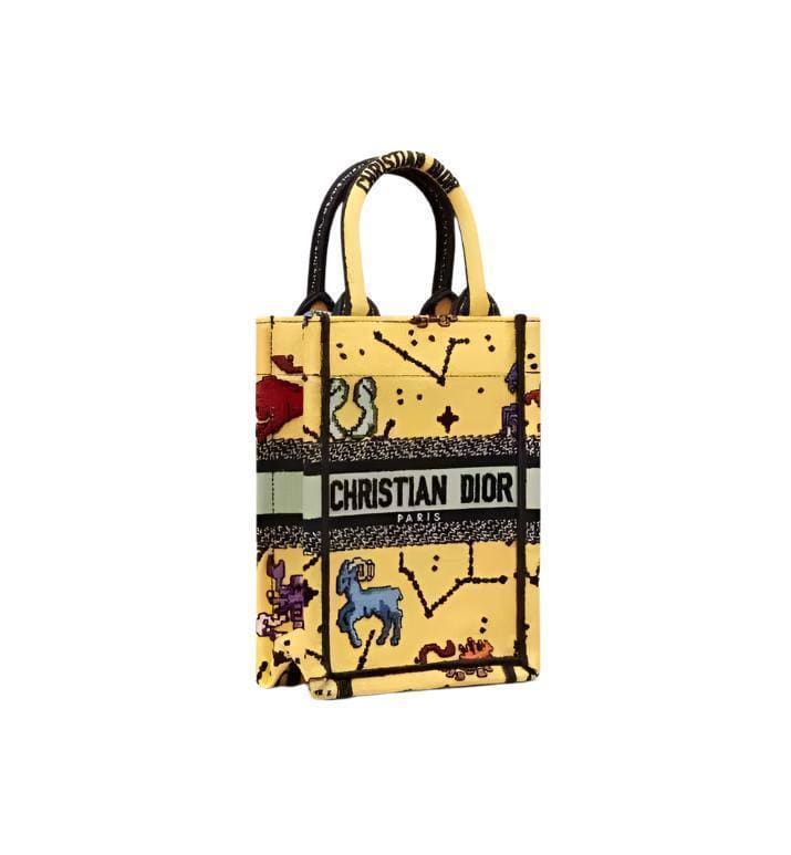 Christian Dior Canvas Embroidered Pixel Zodiac Mini Book Tote Phone Bag in Latte Multicolor | Banlieue91