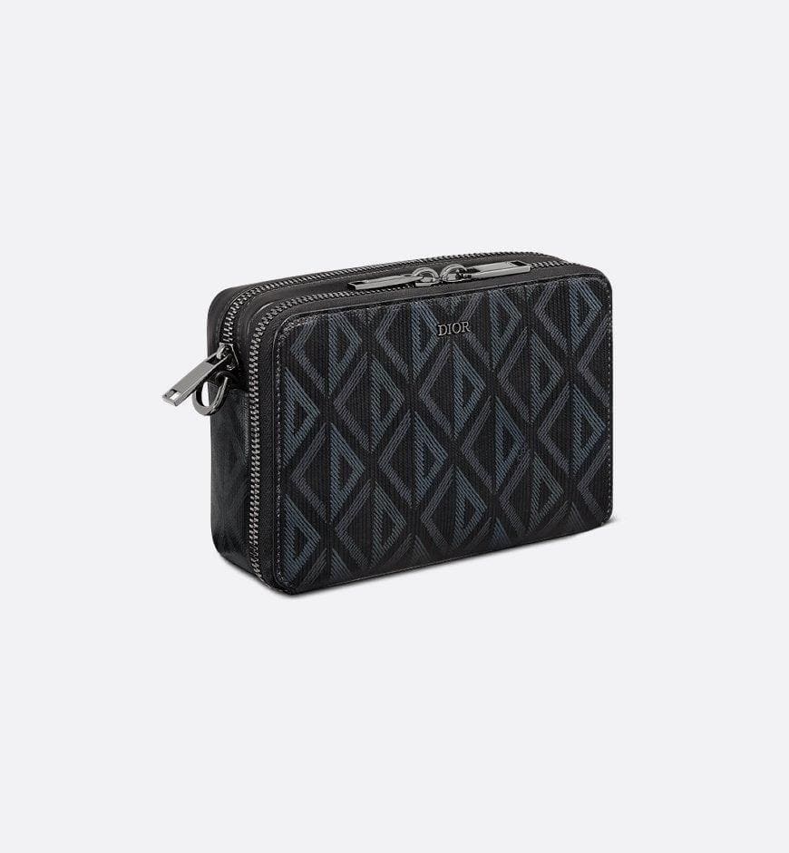 Christian Dior Zipped Pouch with Strap Black Coated Cotton Canvas with CD Diamond Print | Banlieue91