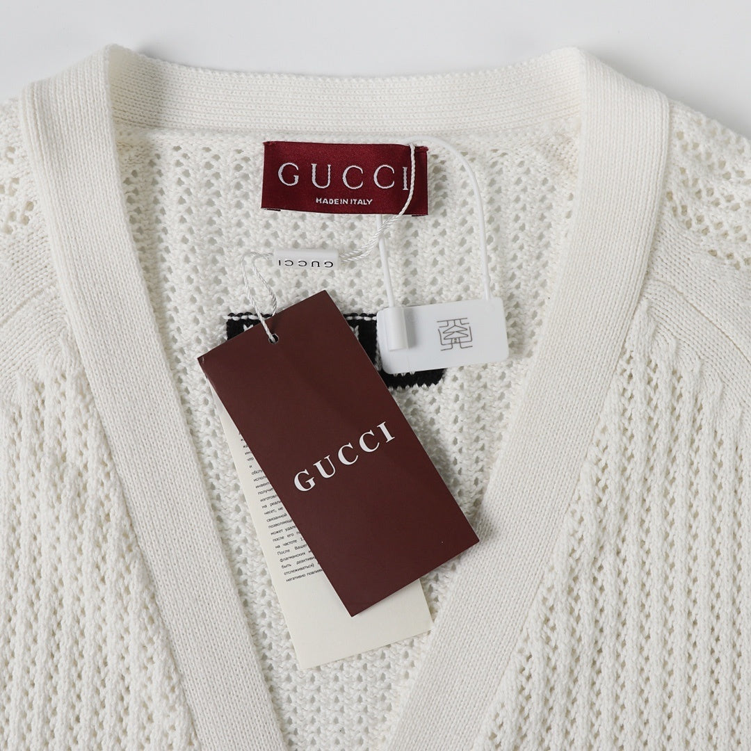 Gucci Sylvie Web-stripe cardigan in white featuring V-neck and single-row button closure, ideal for versatile styling.