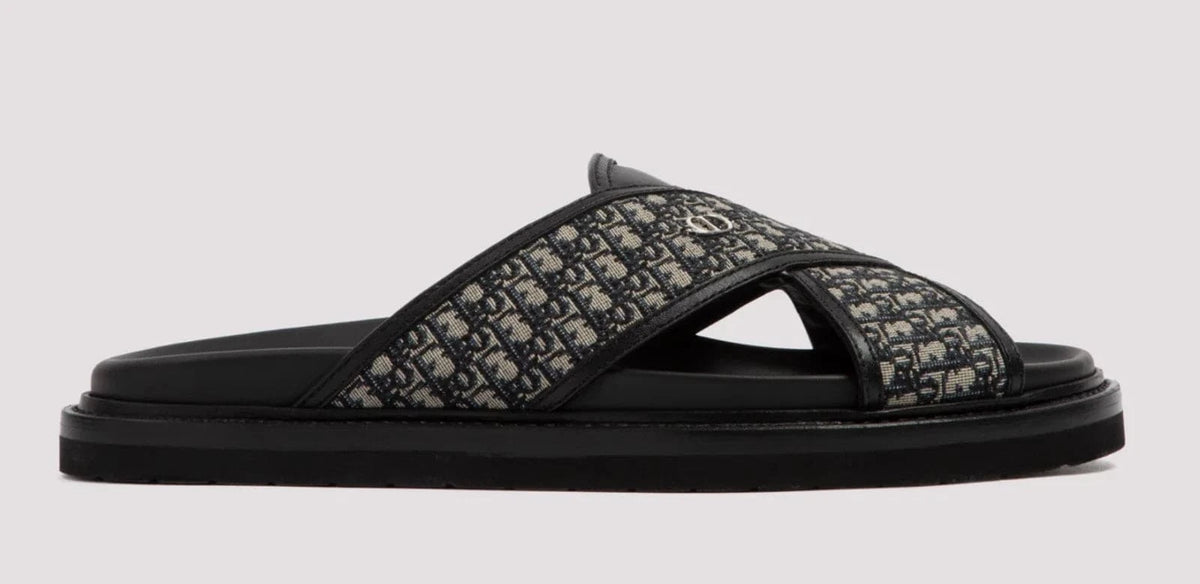 Dior Mens Aqua Sandal Beige Black Blue Oblique Jacquard Logo Slide Slip On | Banlieue91