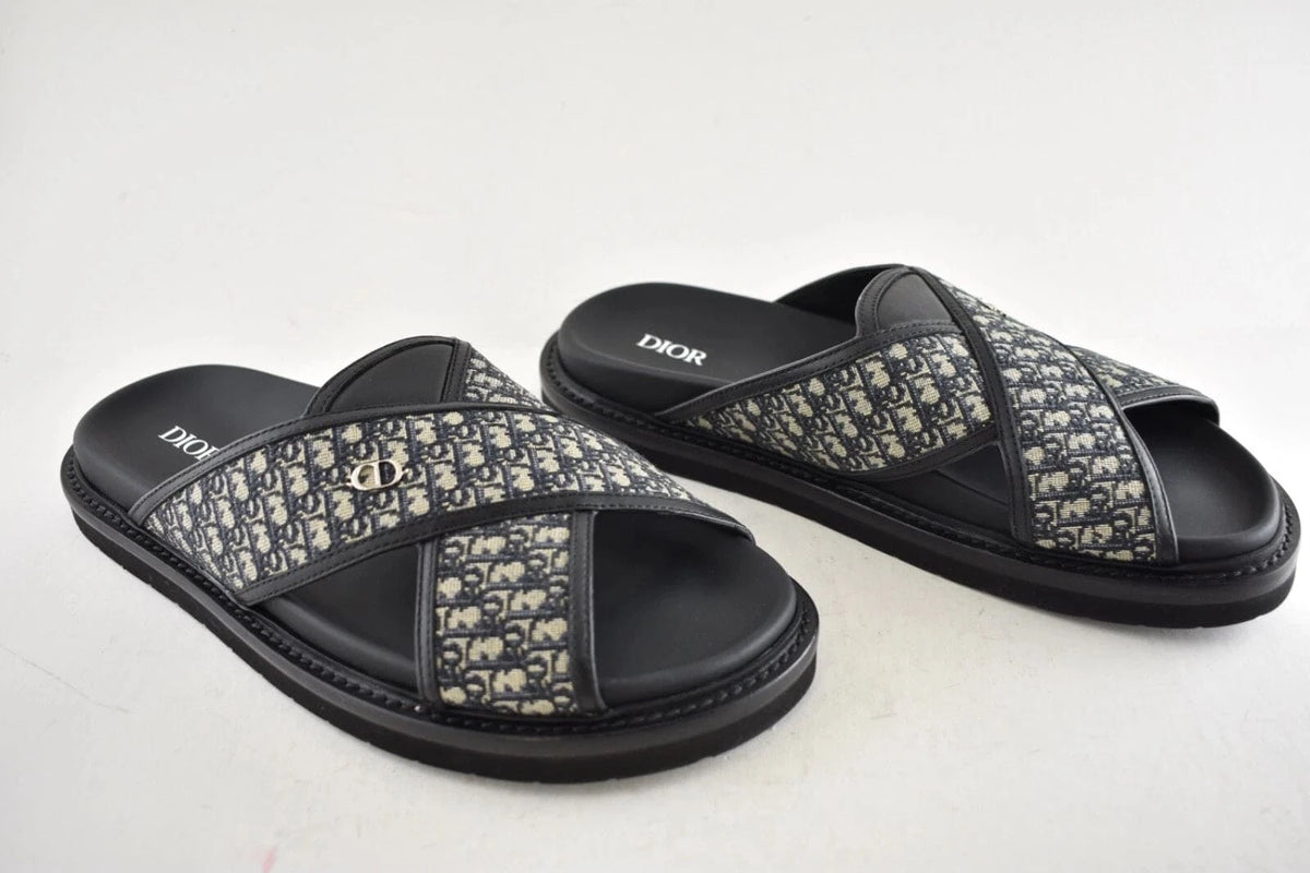 Dior Mens Aqua Sandal Beige Black Blue Oblique Jacquard Logo Slide Slip On | Banlieue91