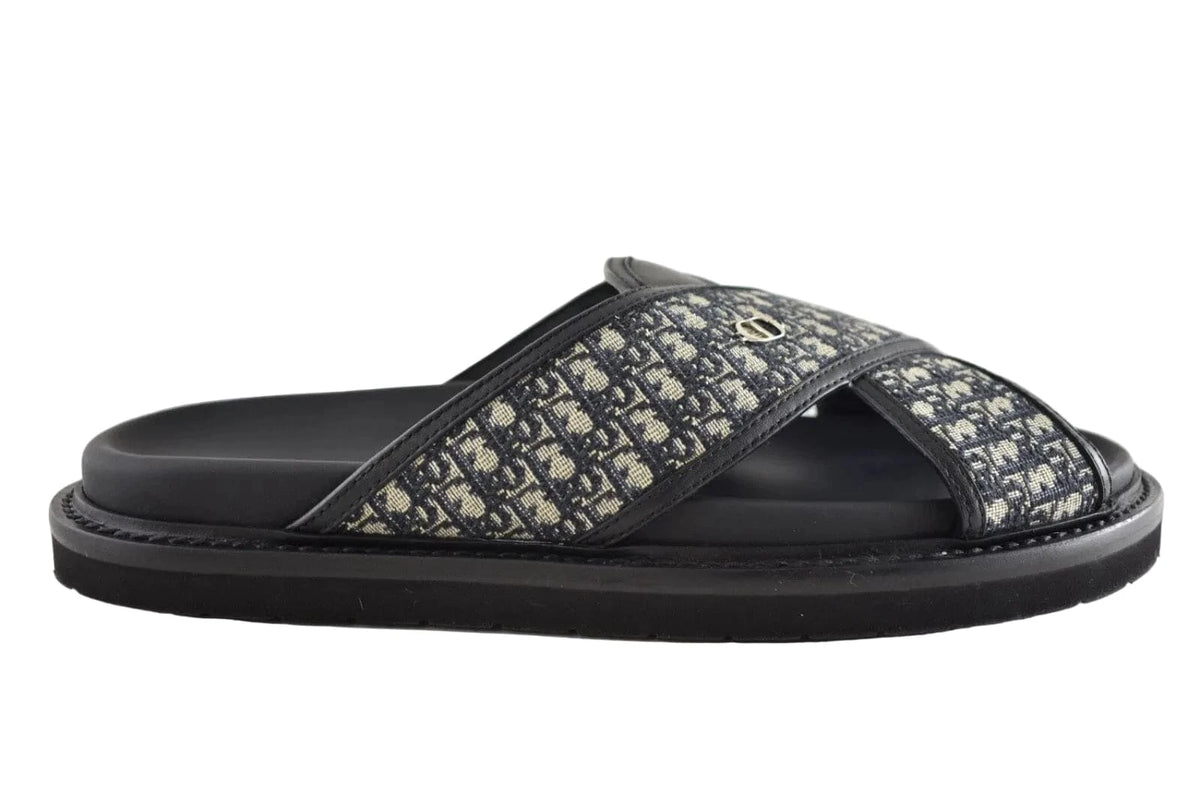 Dior Mens Aqua Sandal Beige Black Blue Oblique Jacquard Logo Slide Slip On | Banlieue91