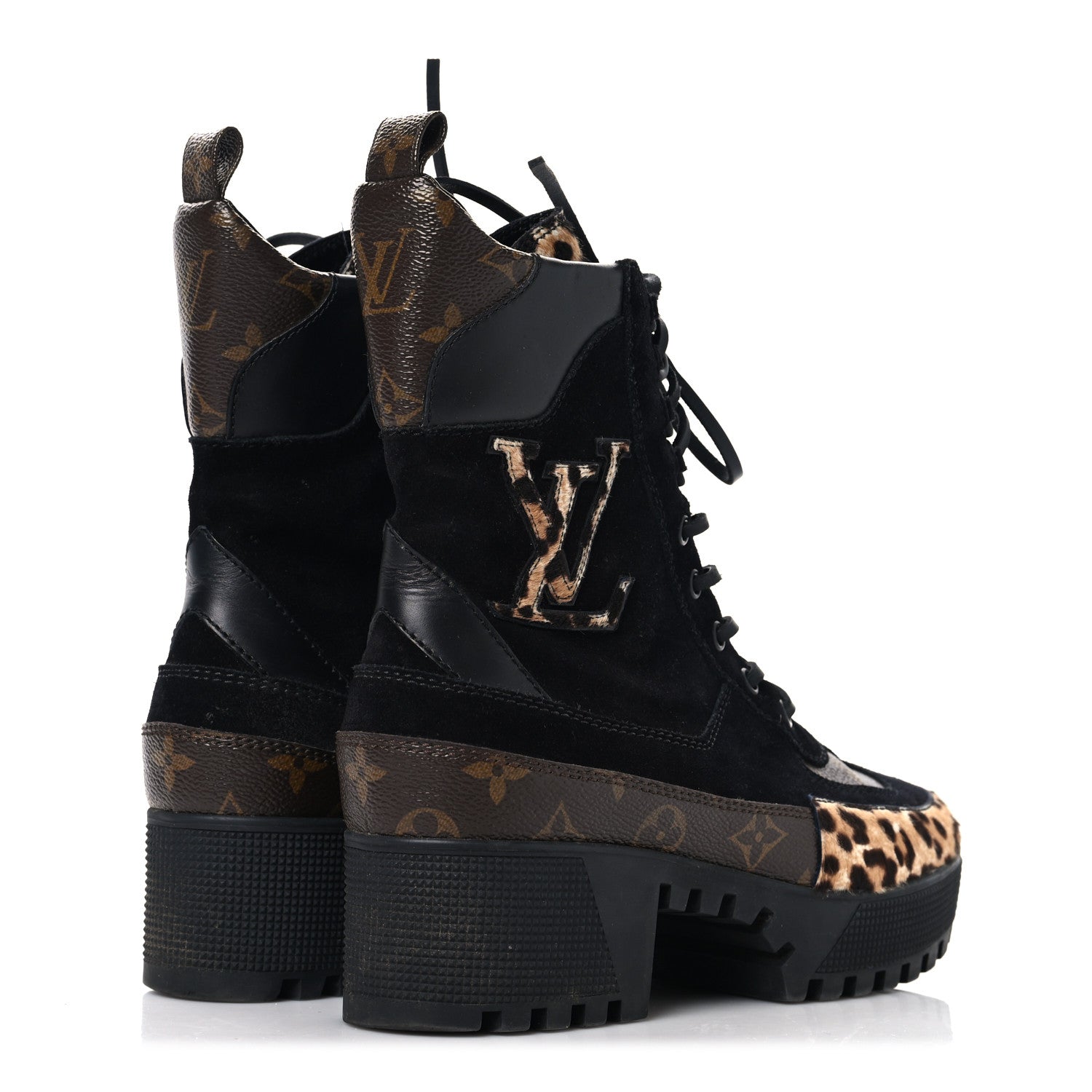 Close-up view of Louis Vuitton Laureate Platform Desert Boots highlighting the long leather laces and Monogram canvas back loop.