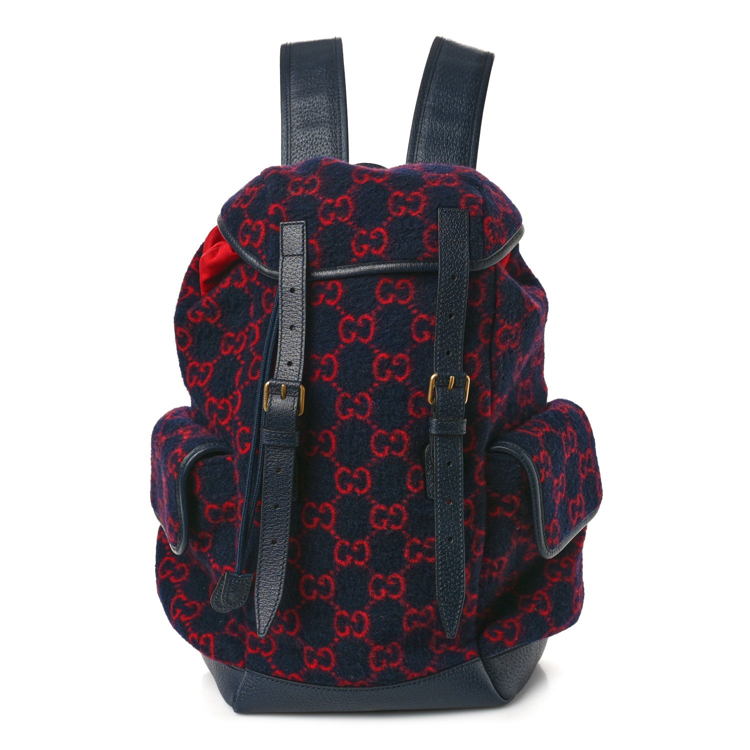 Gucci Covered Wool GG Monogram Small Double Buckle Backpack Navy Red - Banlieue91