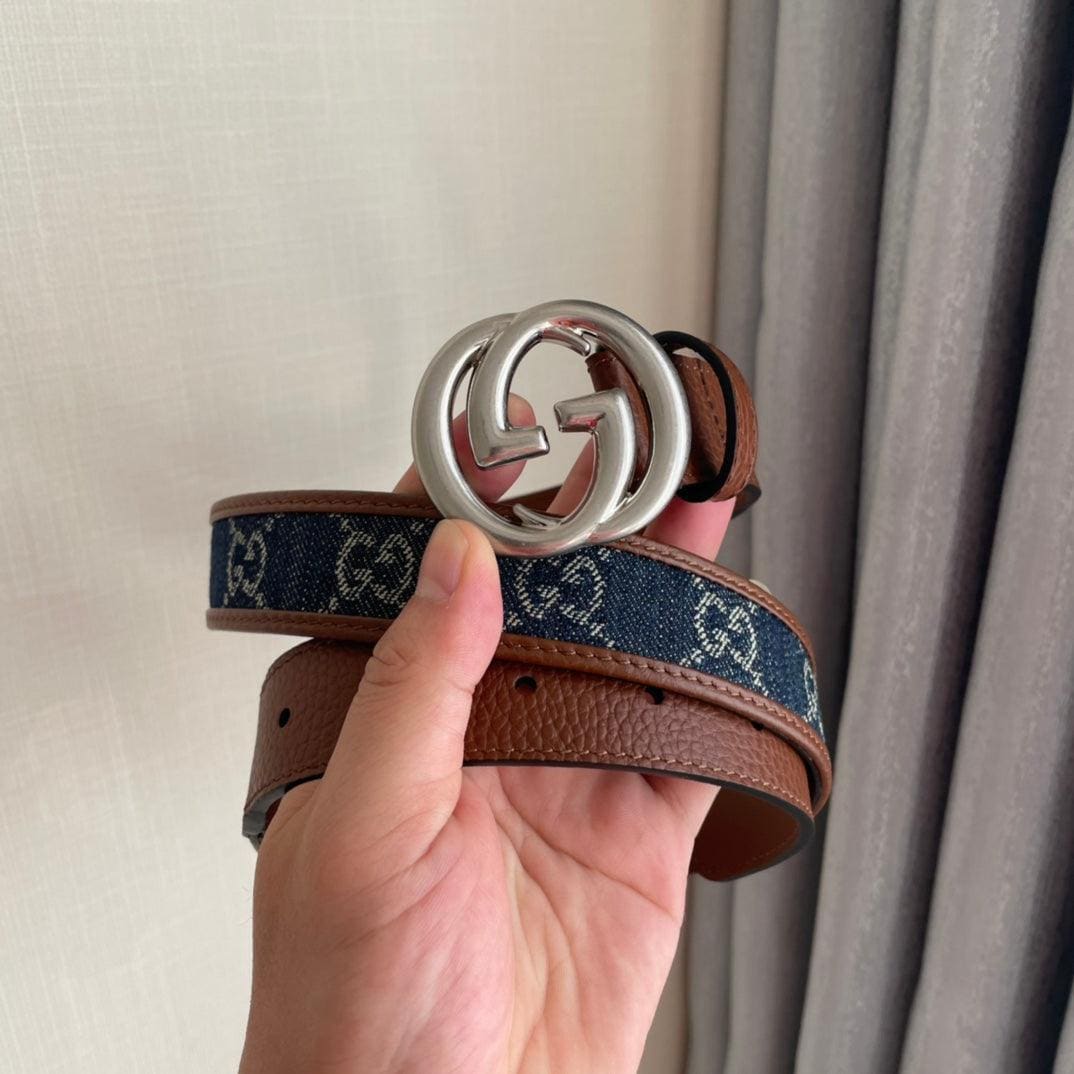 GUCCI Embellished coated-canvas and leather belt 'Brown/Blue' | Banlieue91