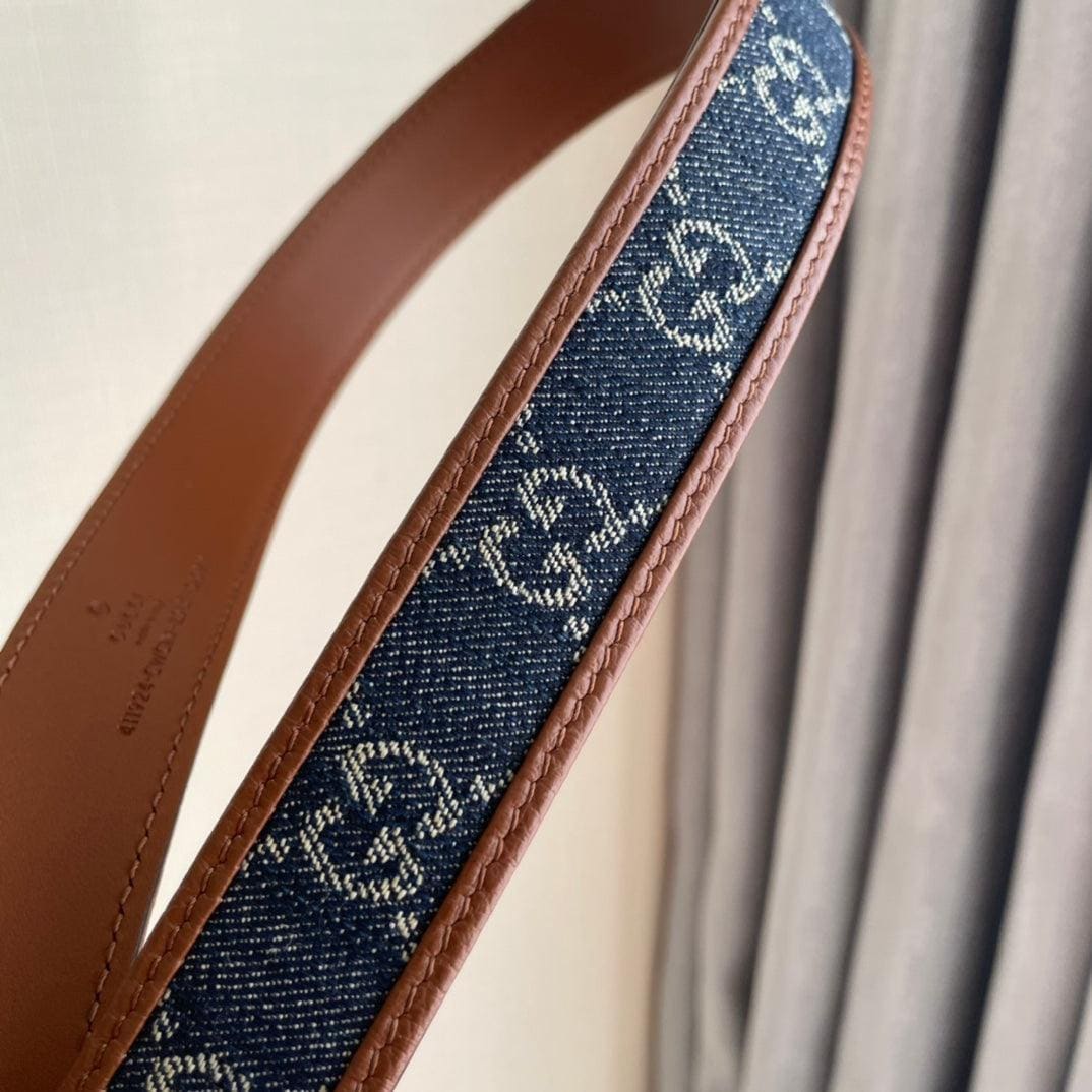 GUCCI Embellished coated-canvas and leather belt 'Brown/Blue' | Banlieue91