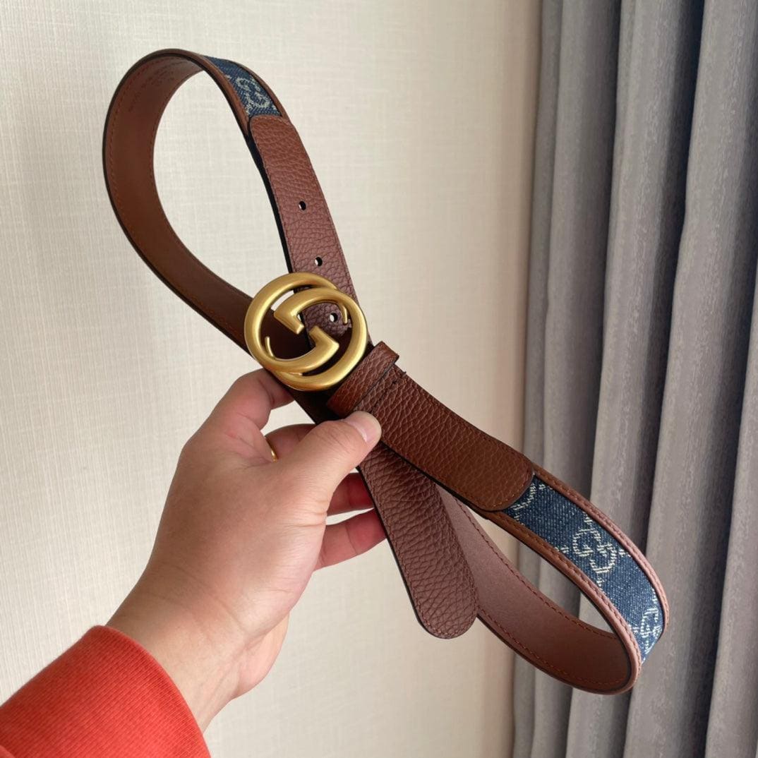 GUCCI Embellished coated-canvas and leather belt 'Brown/Blue' | Banlieue91