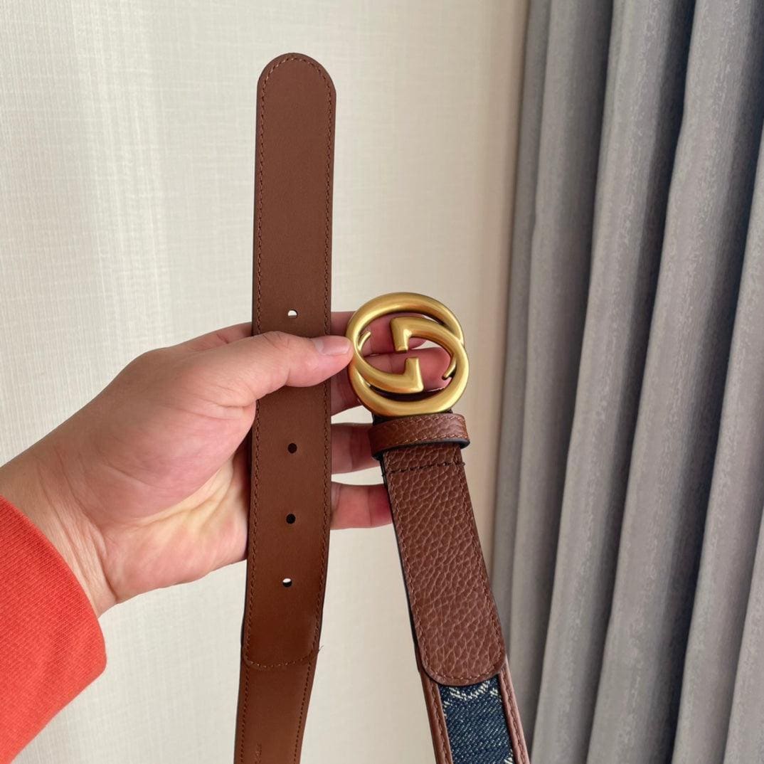 GUCCI Embellished coated-canvas and leather belt 'Brown/Blue' | Banlieue91