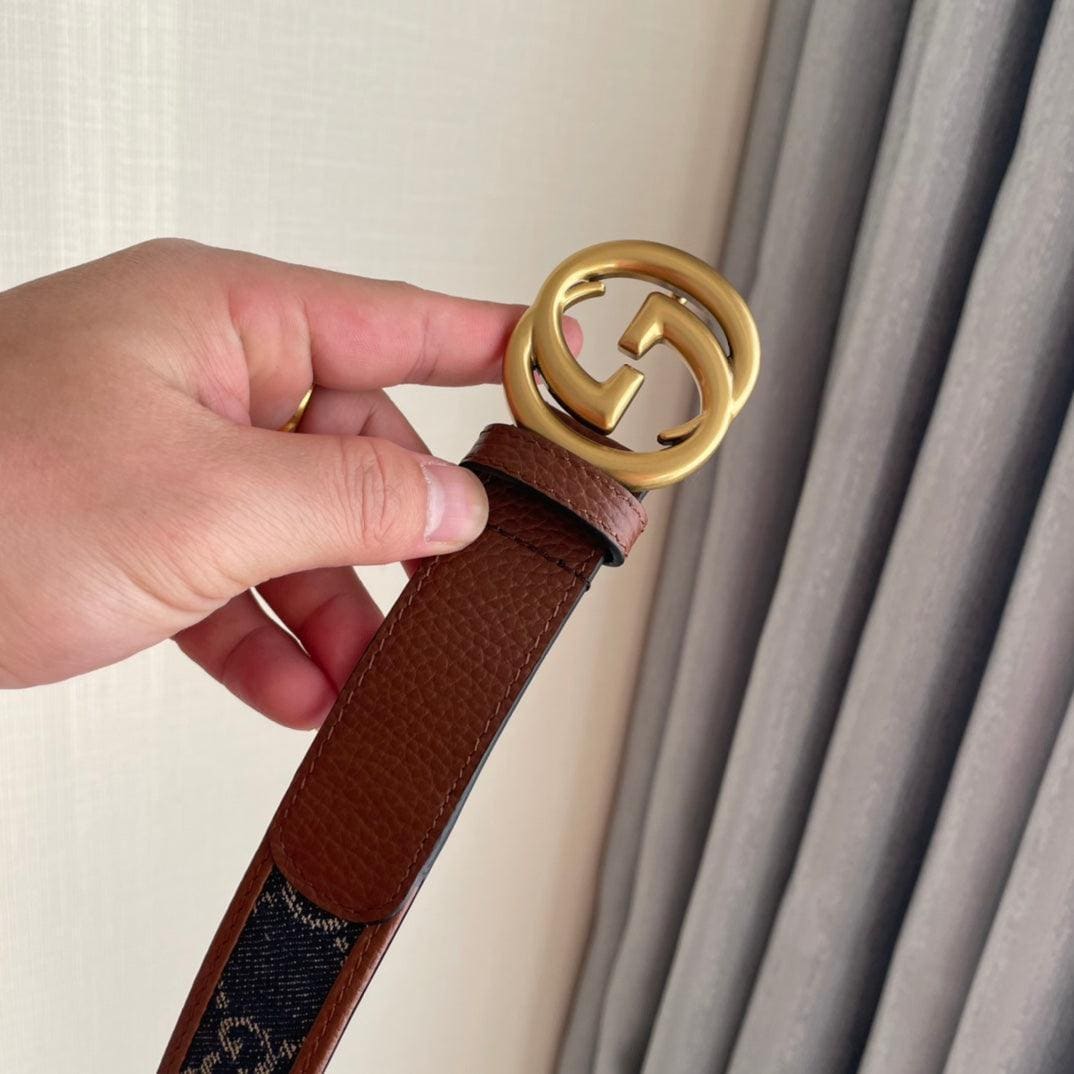 GUCCI Embellished coated-canvas and leather belt 'Brown/Blue' | Banlieue91