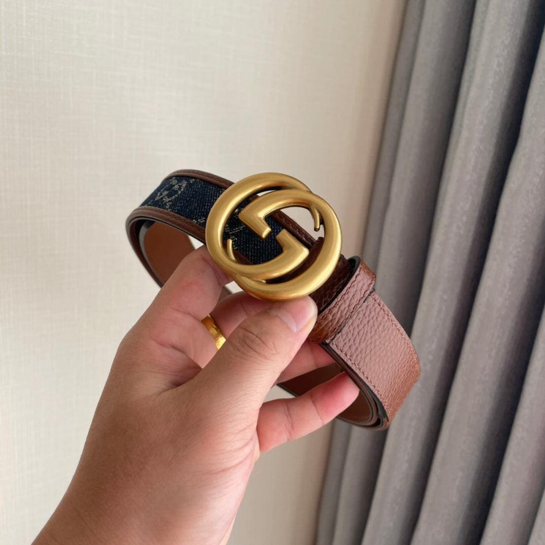 GUCCI Embellished coated-canvas and leather belt 'Brown/Blue' | Banlieue91