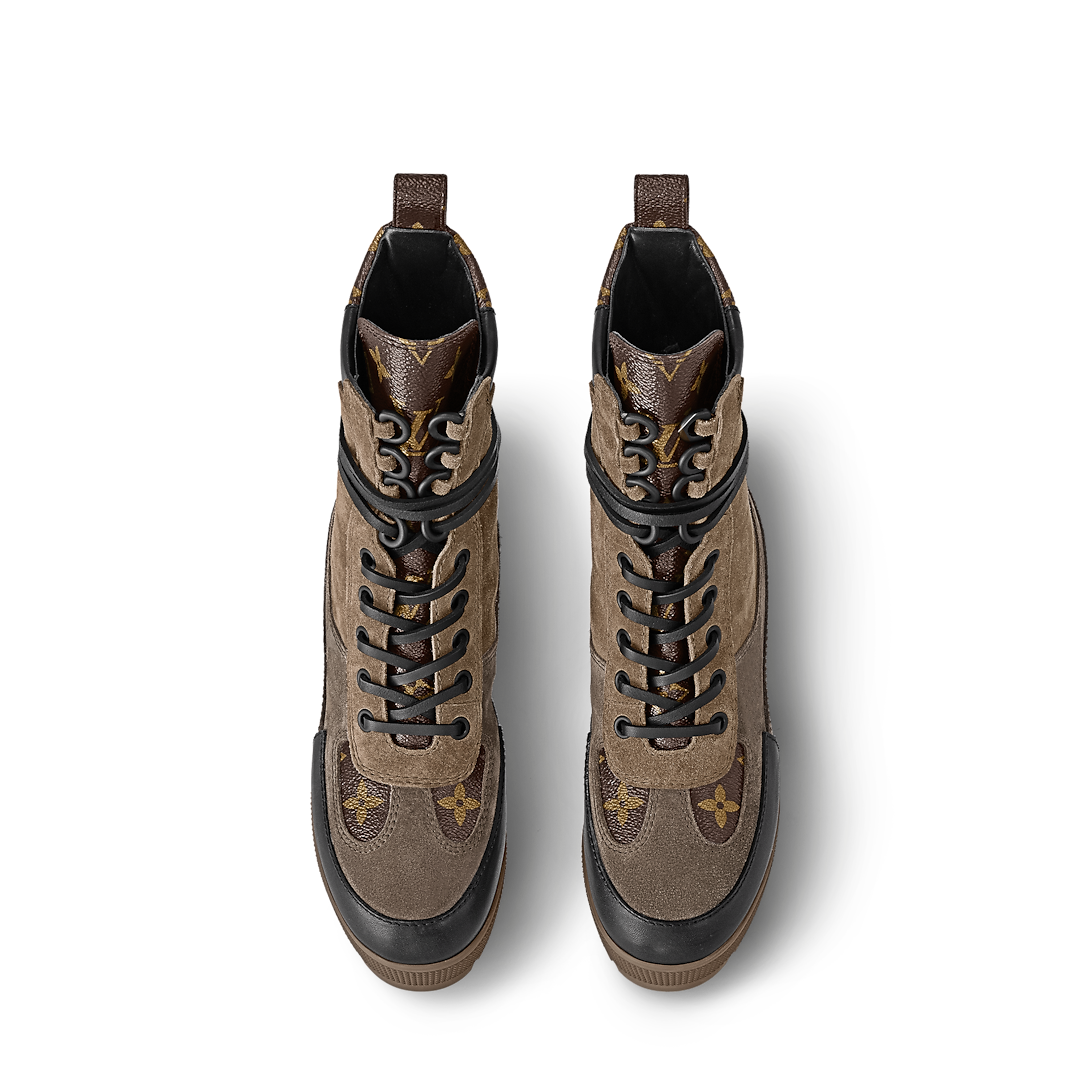 Louis Vuitton Laureate Platform Desert Boots featuring vintage-inspired Since 1854 jacquard textile and suede calf leather trim, ideal for stylish comfort.