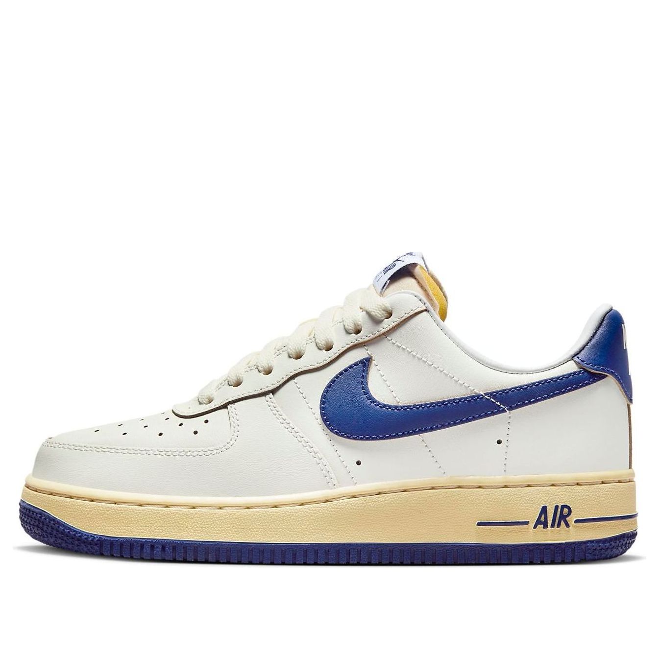 Nike Air Force 1 '07 'Sail Pale Vanilla' sneakers in a stylish design featuring a Sail and Pale Vanilla colorway with accents of Gold Suede and Deep Royal Blue, perfect for casual outings.