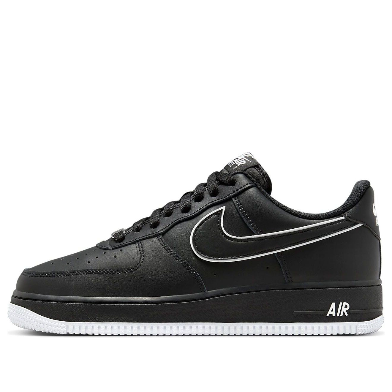 Nike Air Force 1 Low '07 Black White Sole (2023) side view showcasing black leather upper and white logo details.