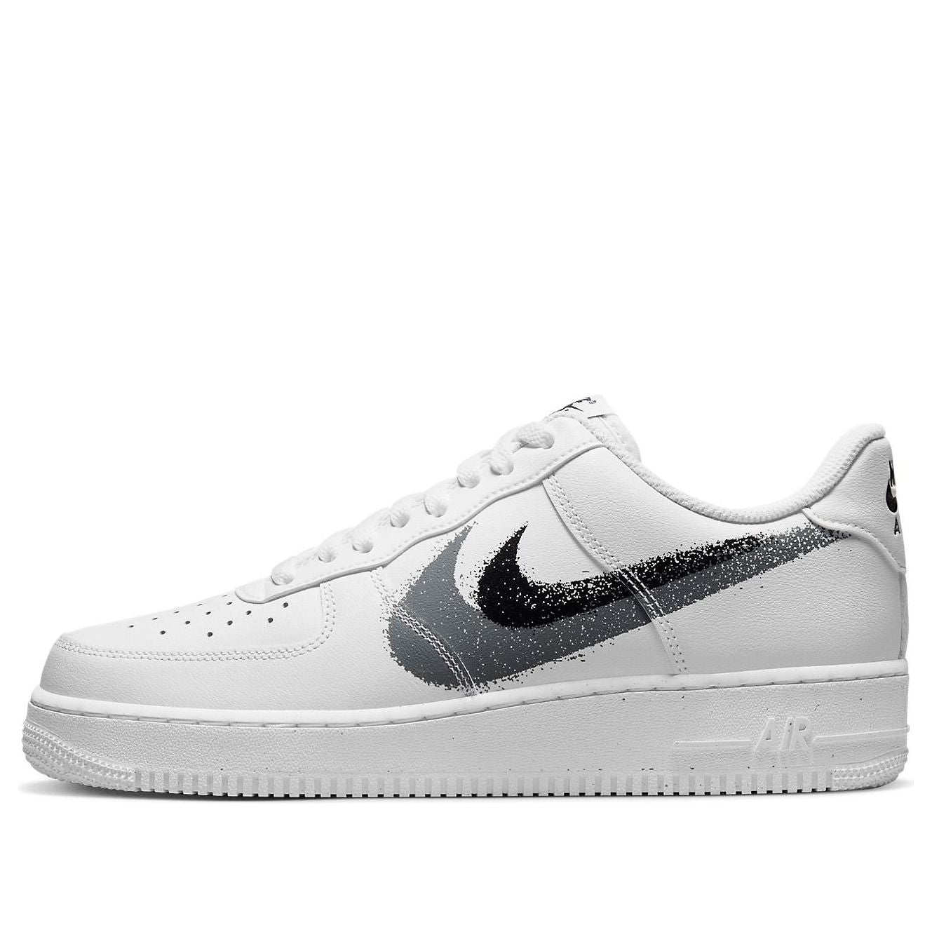 Nike Air Force 1 Low '07 Spray Paint Swoosh White Black Grey sneaker showcasing a smooth white leather upper with colorful details.