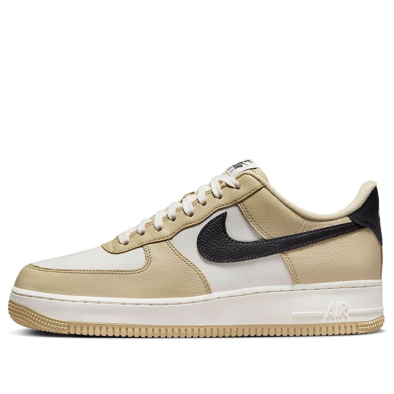 Nike Air Force 1 Low 07 'Team Gold Black' showcasing premium sail canvas upper with gold leather overlays.