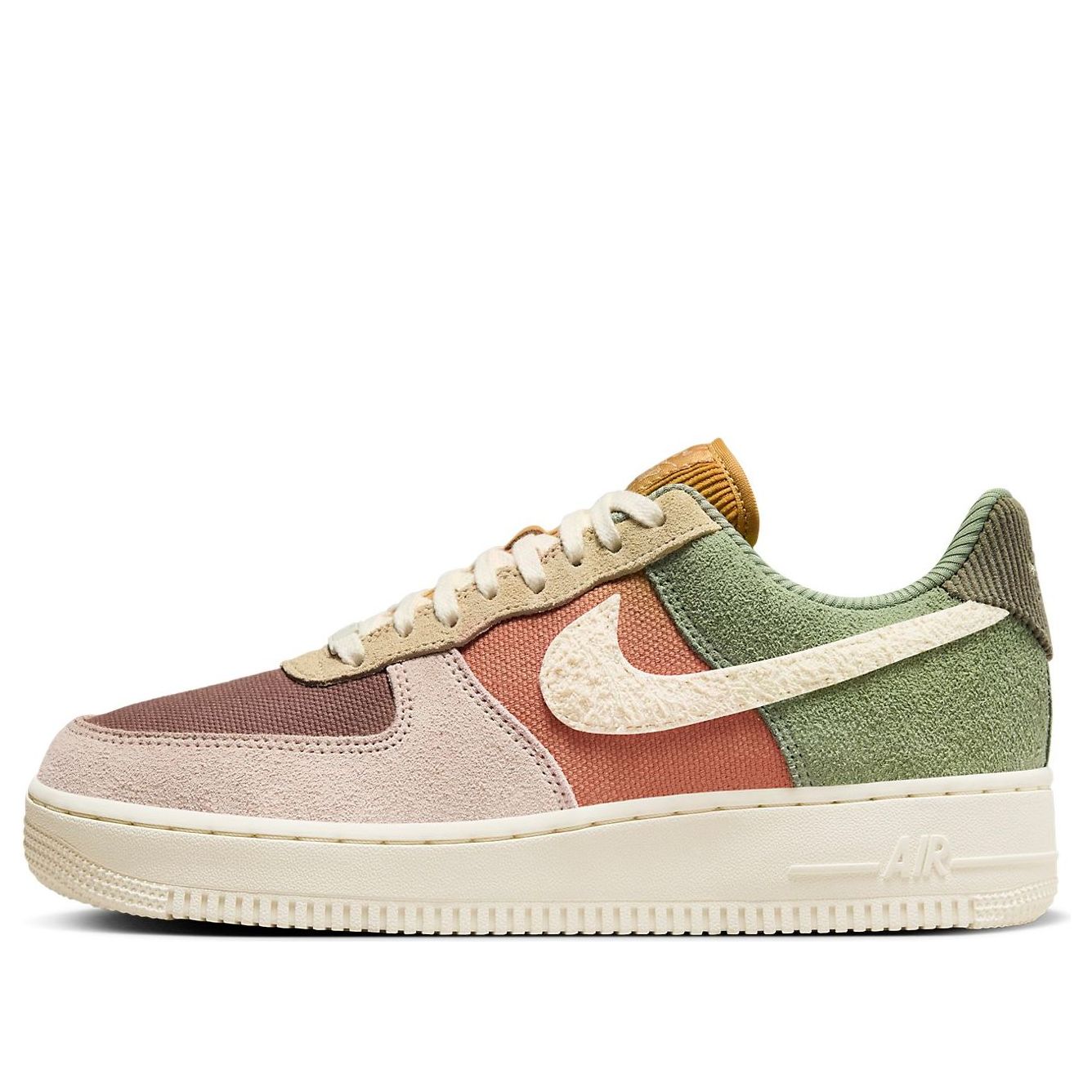 Nike Air Force 1 '07 LX 'Oil Green Terra Blush' showing the detailed multicolor canvas upper with earthy tones and denim accents.