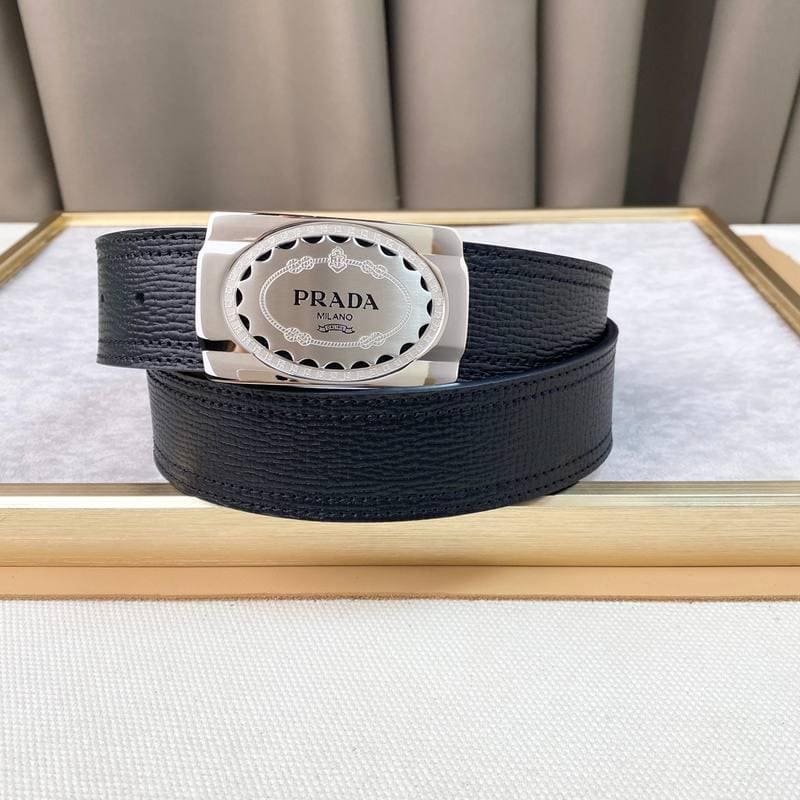 Prada Leather Belt Brushed Silver Buckle 'Black' | Banlieue91