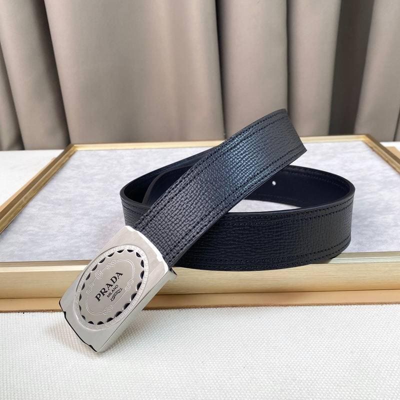 Prada Leather Belt Brushed Silver Buckle 'Black' | Banlieue91