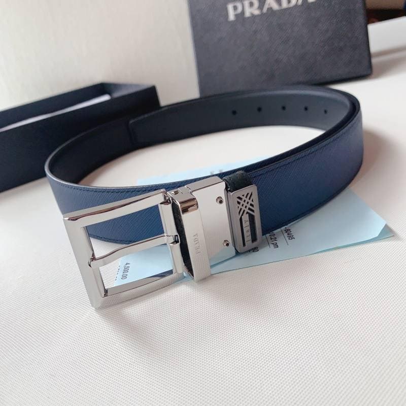 Prada Leather Reversible Belt With Triple Buckles 'Black/Blue' | Banlieue91
