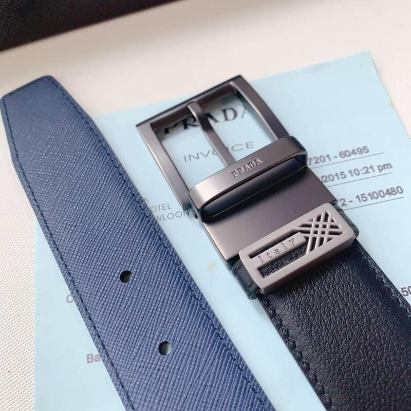 Prada Leather Reversible Belt With Triple Buckles 'Black/Blue' | Banlieue91